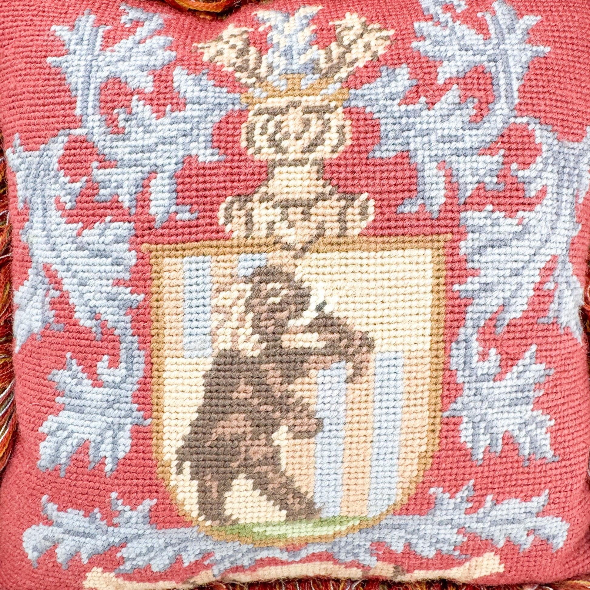 Vintage Needlepoint Pillow, Elephant Crest Heraldry