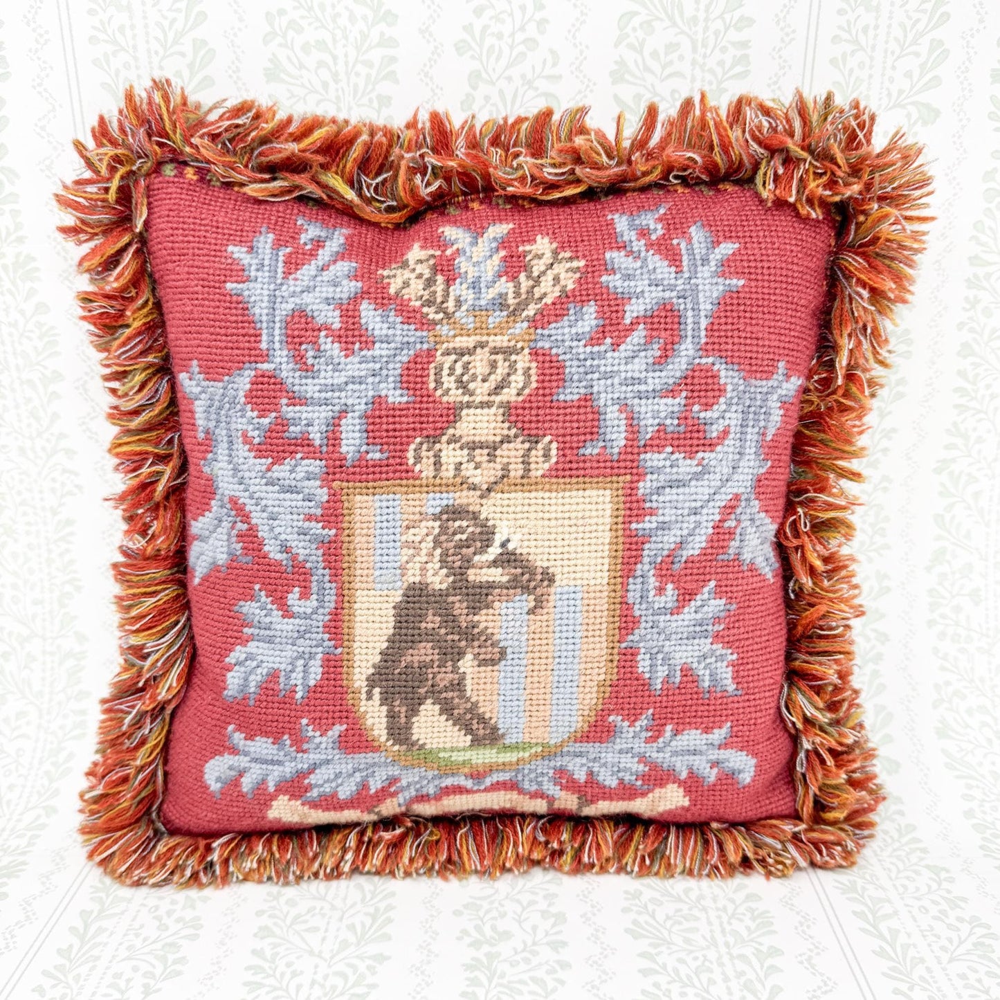 Vintage Needlepoint Pillow, Elephant Crest Heraldry