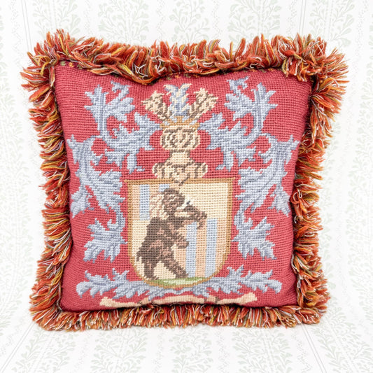 Vintage Needlepoint Pillow, Elephant Crest Heraldry