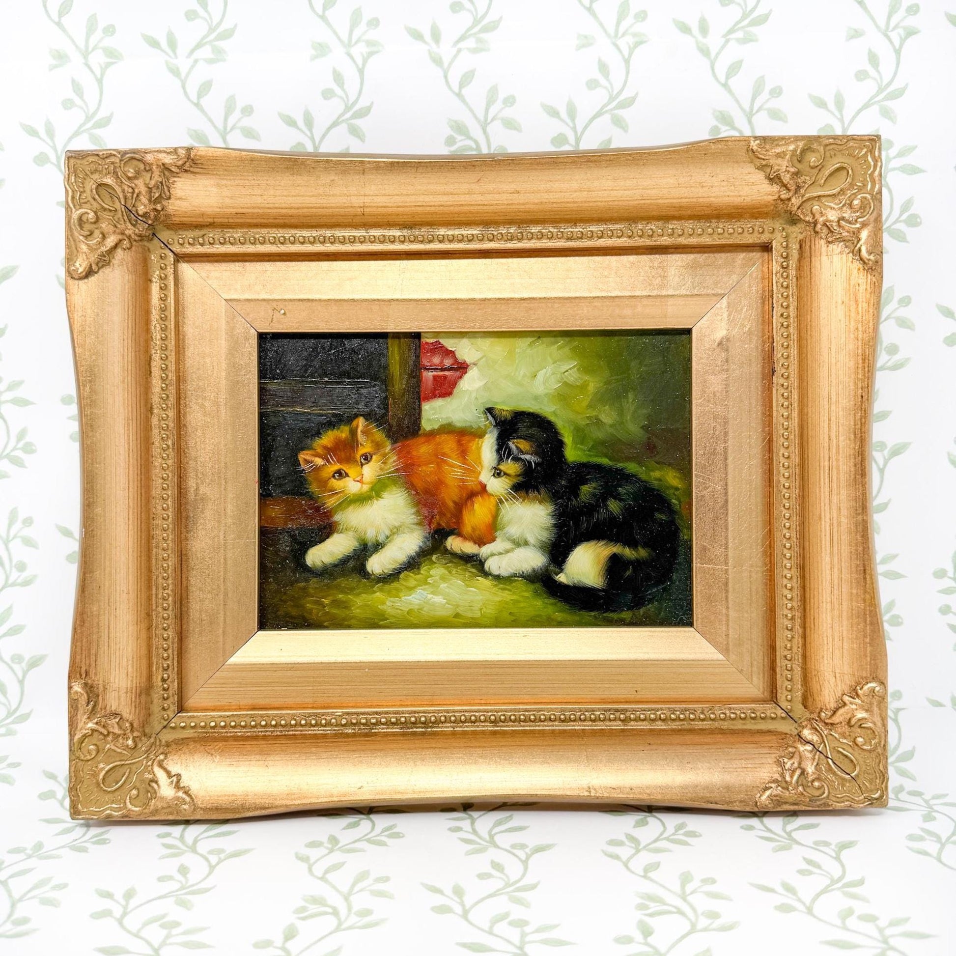 Vintage Framed Kittens Oil Painting by Robert Grace