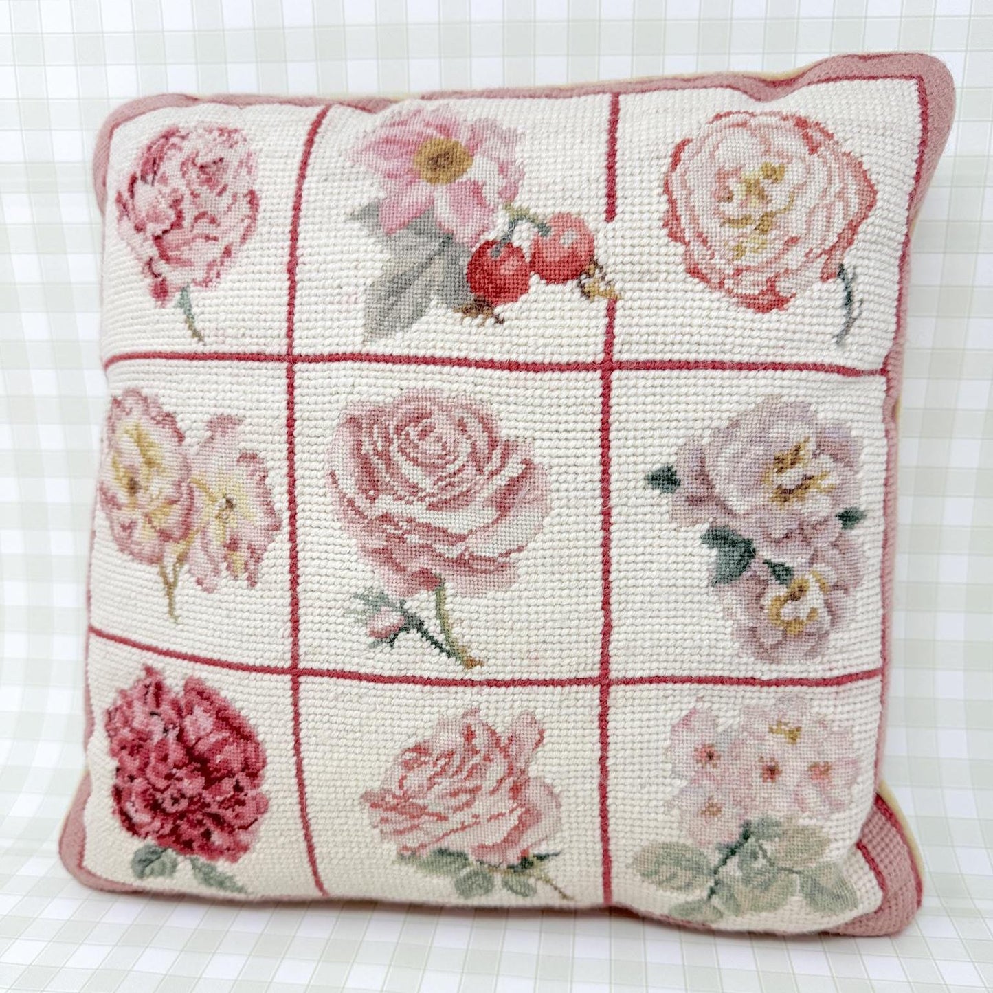 Vintage Needlepoint Pillow, Pink Garden Flowers