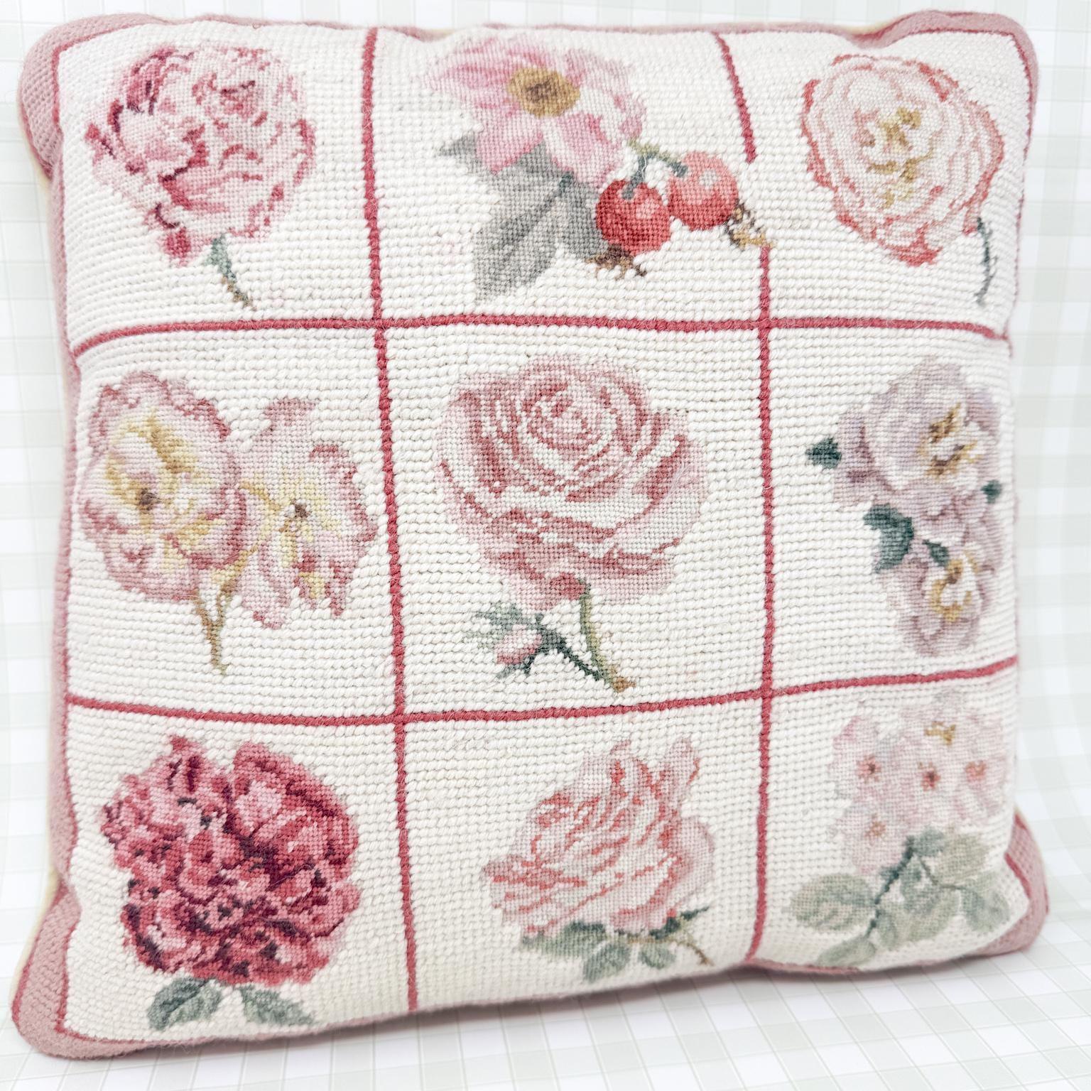Vintage Needlepoint Pillow, Pink Garden Flowers
