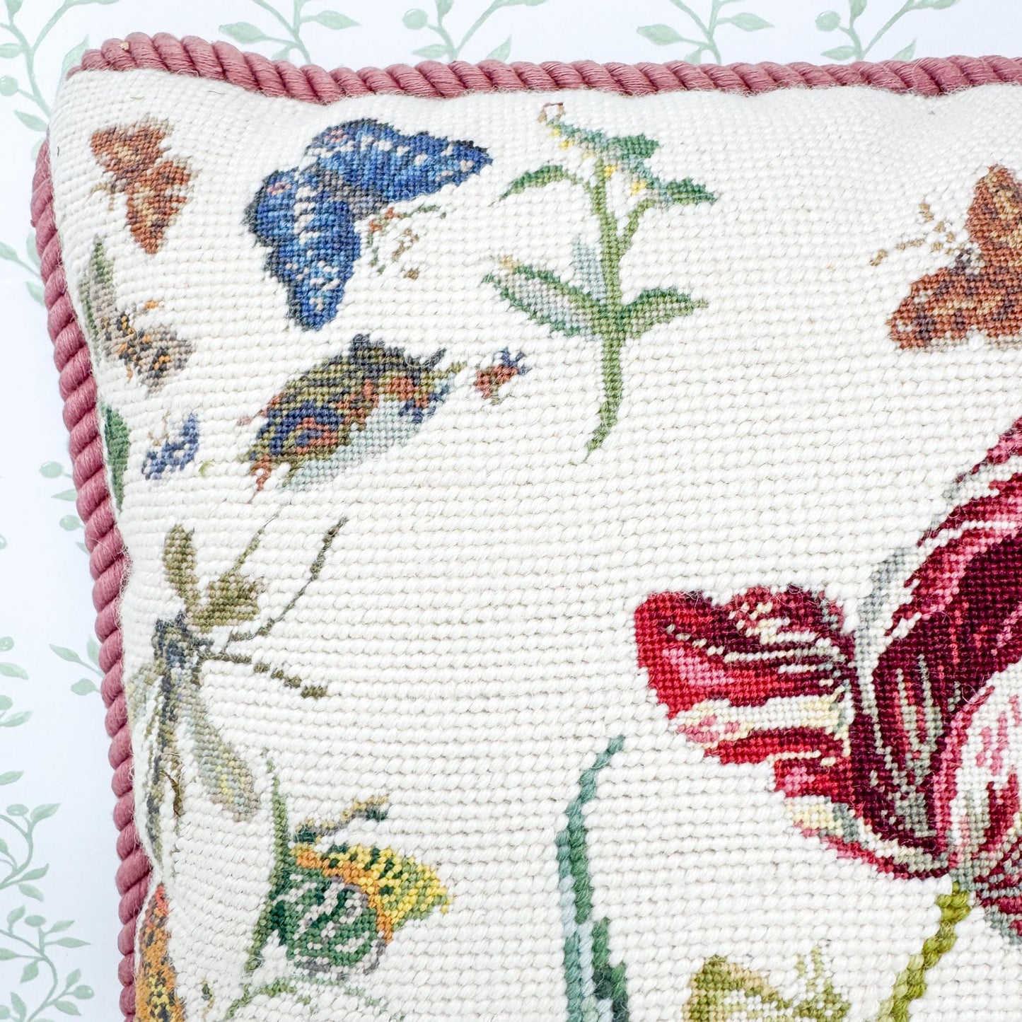 Vintage Needlepoint Pillow, Pink Tulips and Butterflies