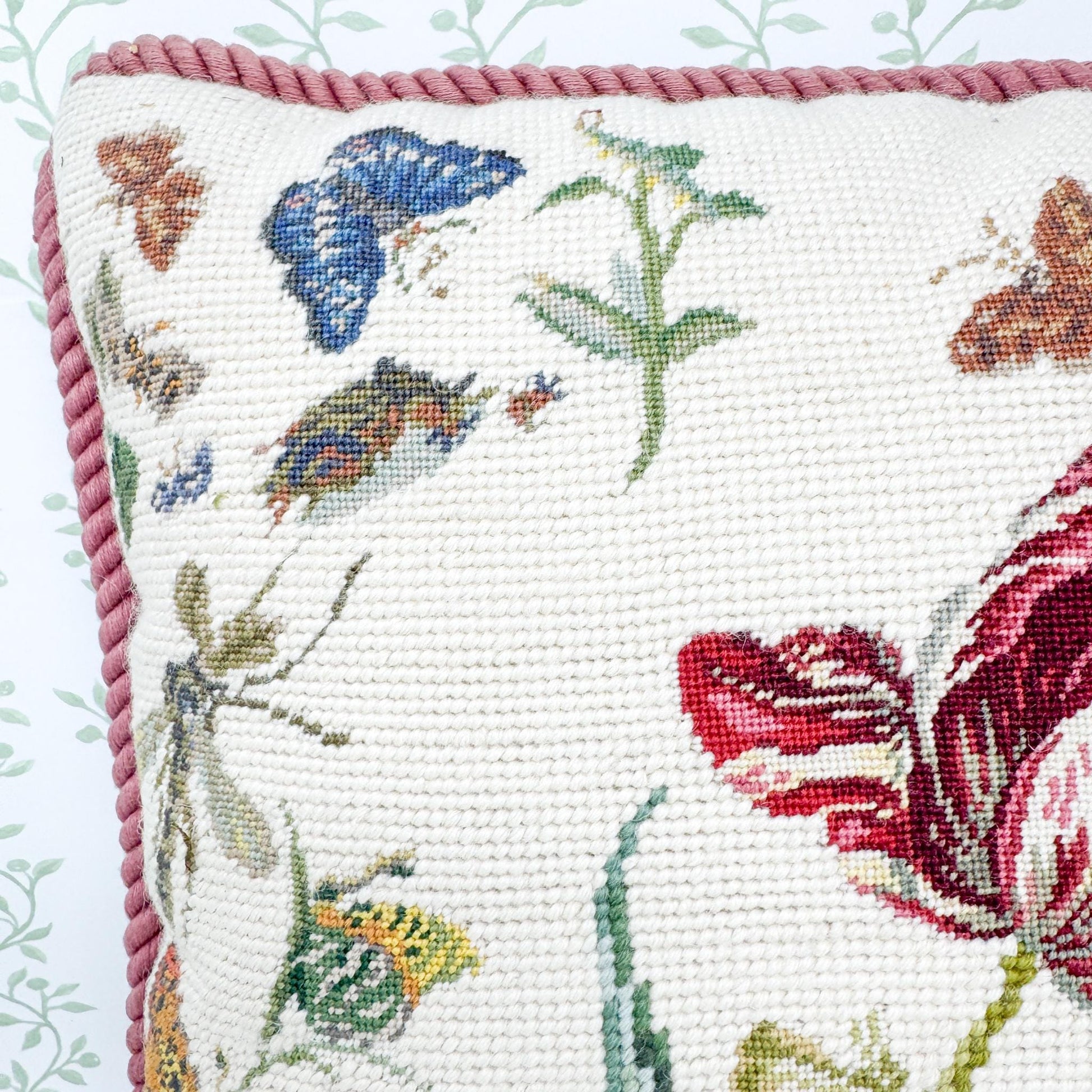 Vintage Needlepoint Pillow, Pink Tulips and Butterflies