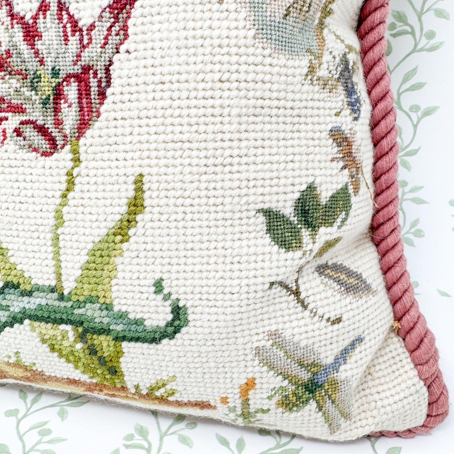 Vintage Needlepoint Pillow, Pink Tulips and Butterflies