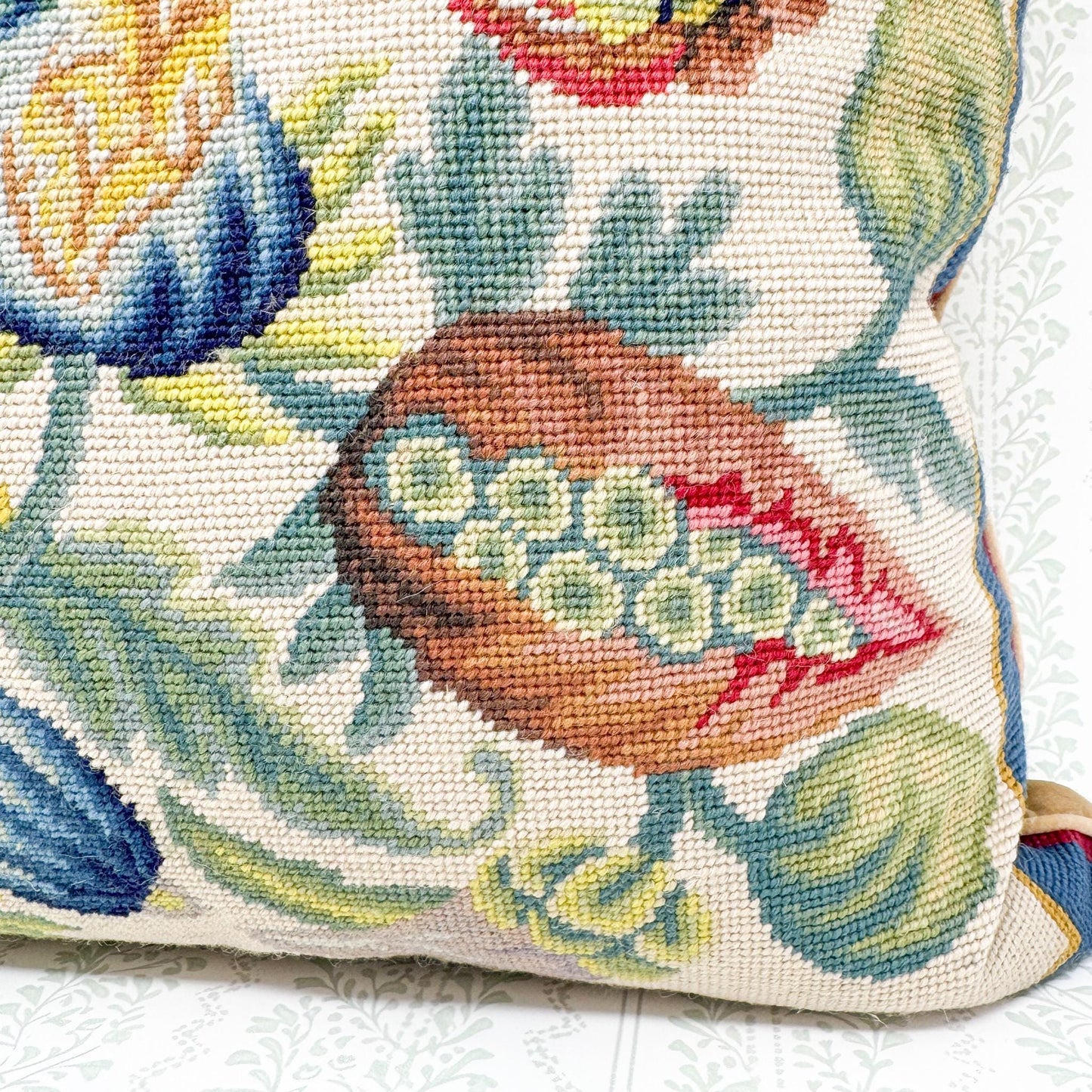 Vintage Needlepoint Pillow, Red and Blue Floral