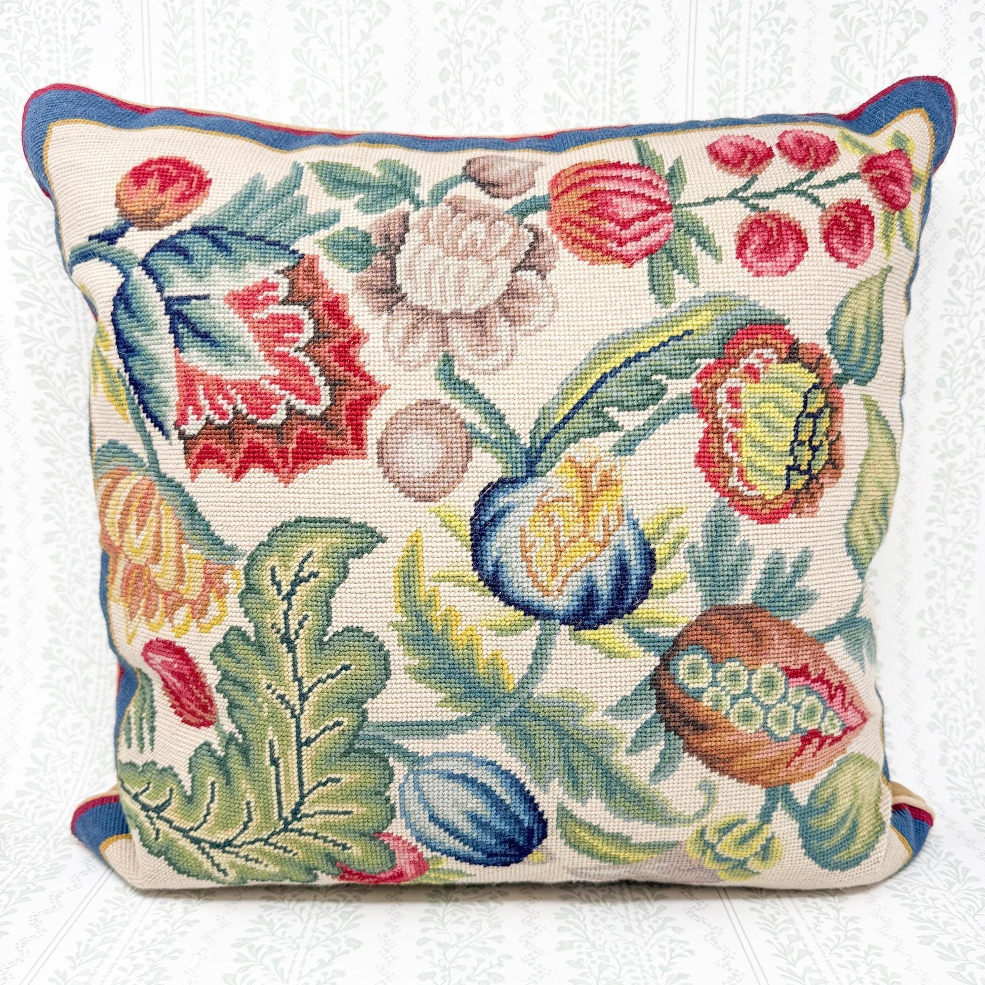 Vintage Needlepoint Pillow, Red and Blue Floral