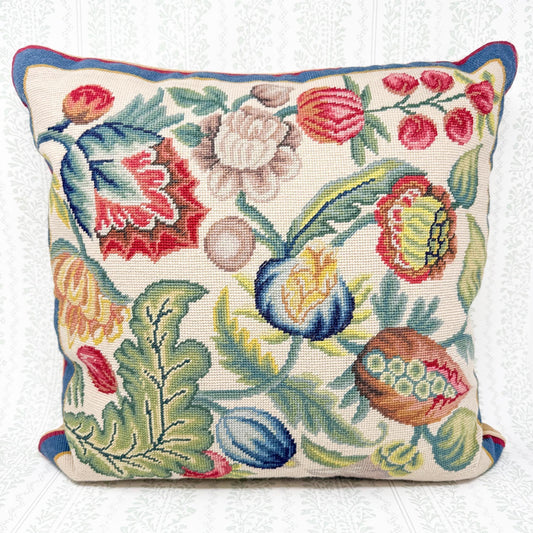 Vintage Needlepoint Pillow, Red and Blue Floral