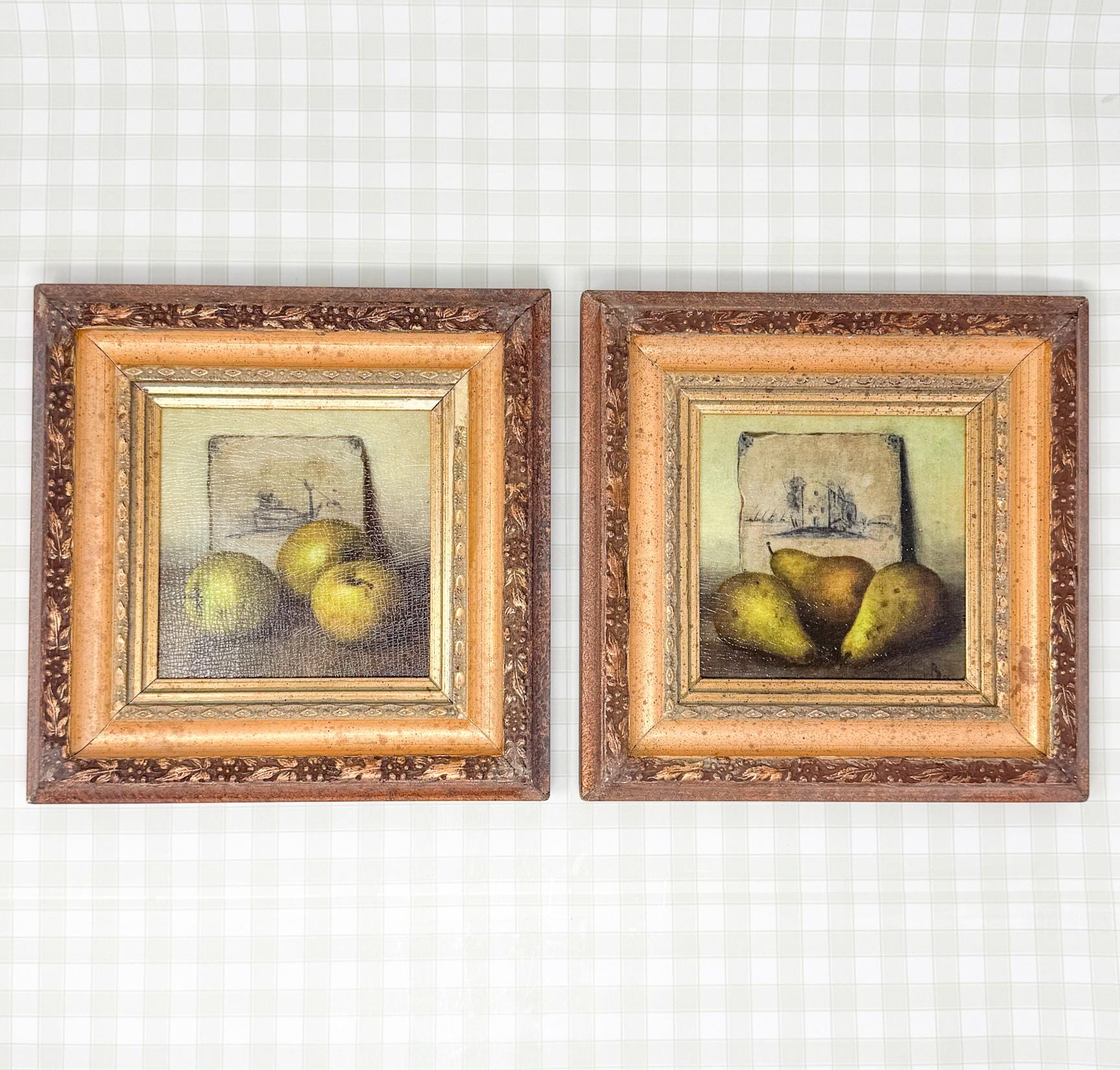 Pair of Gold Framed Fruit Paintings, Apples and Pears