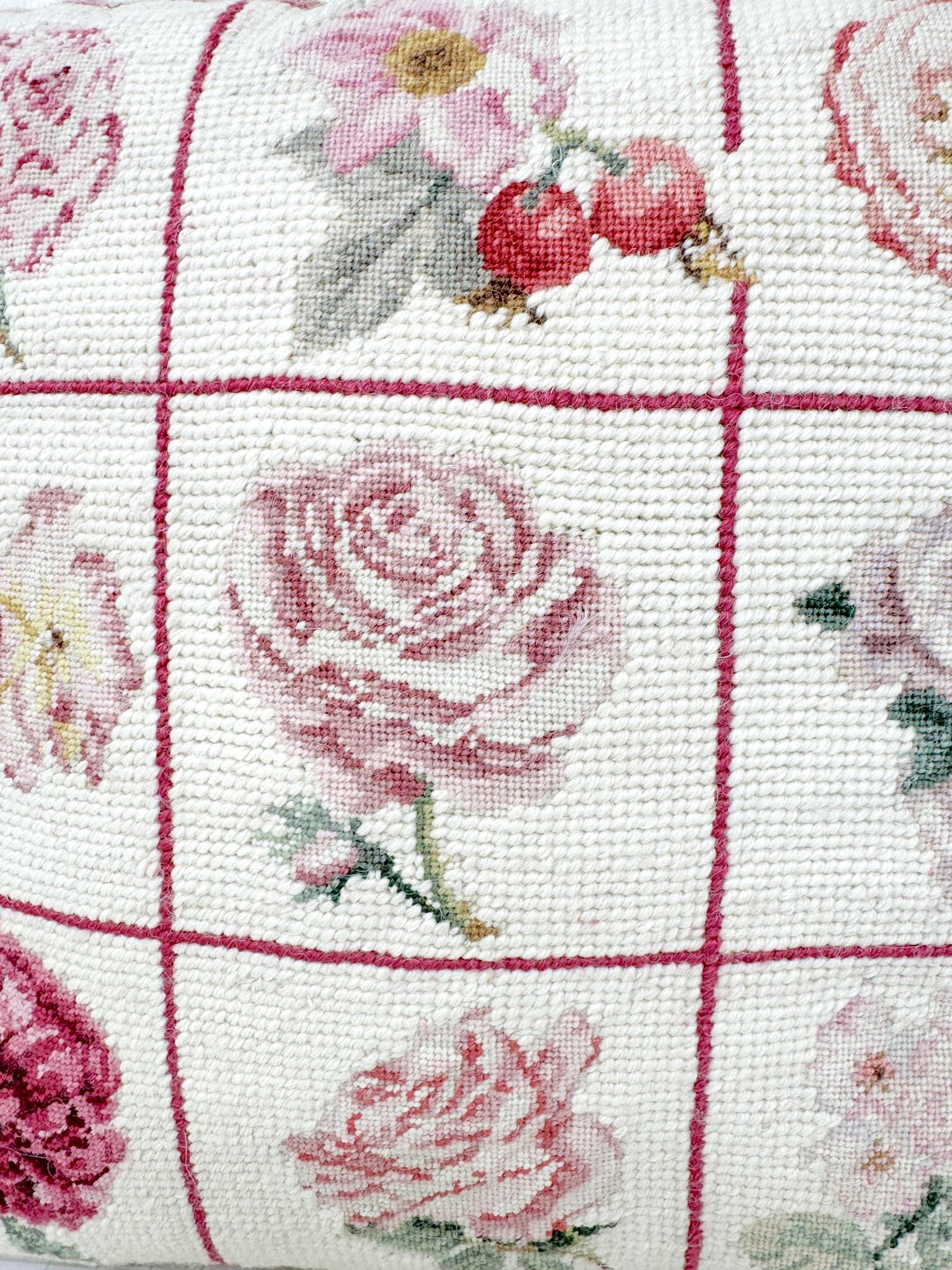 Vintage Needlepoint Pillow, Pink Garden Flowers