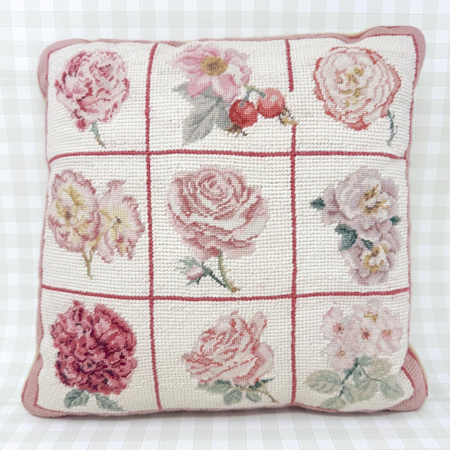 Vintage Needlepoint Pillow, Pink Garden Flowers