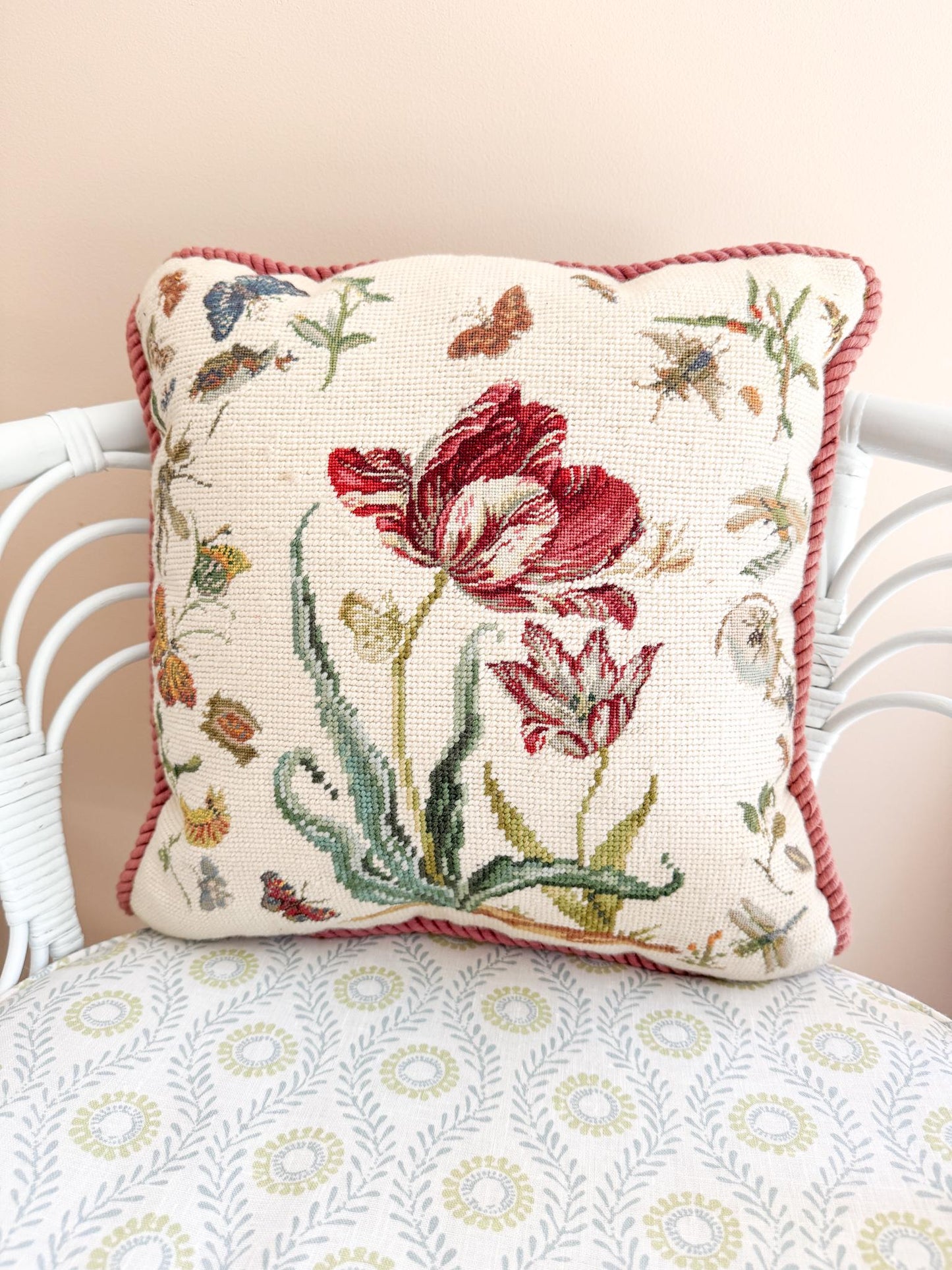 Vintage Needlepoint Pillow, Pink Tulips and Butterflies
