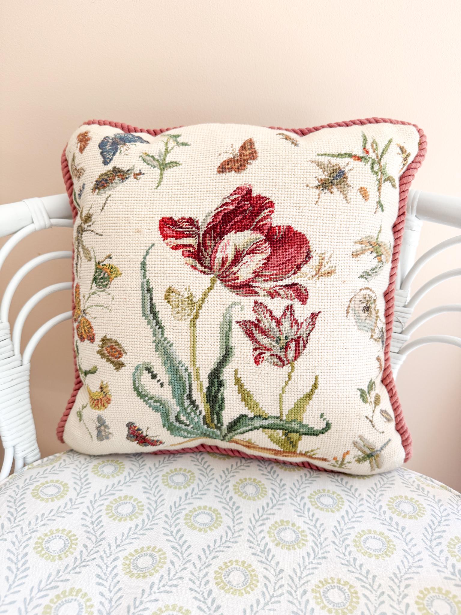 Vintage Needlepoint Pillow, Pink Tulips and Butterflies