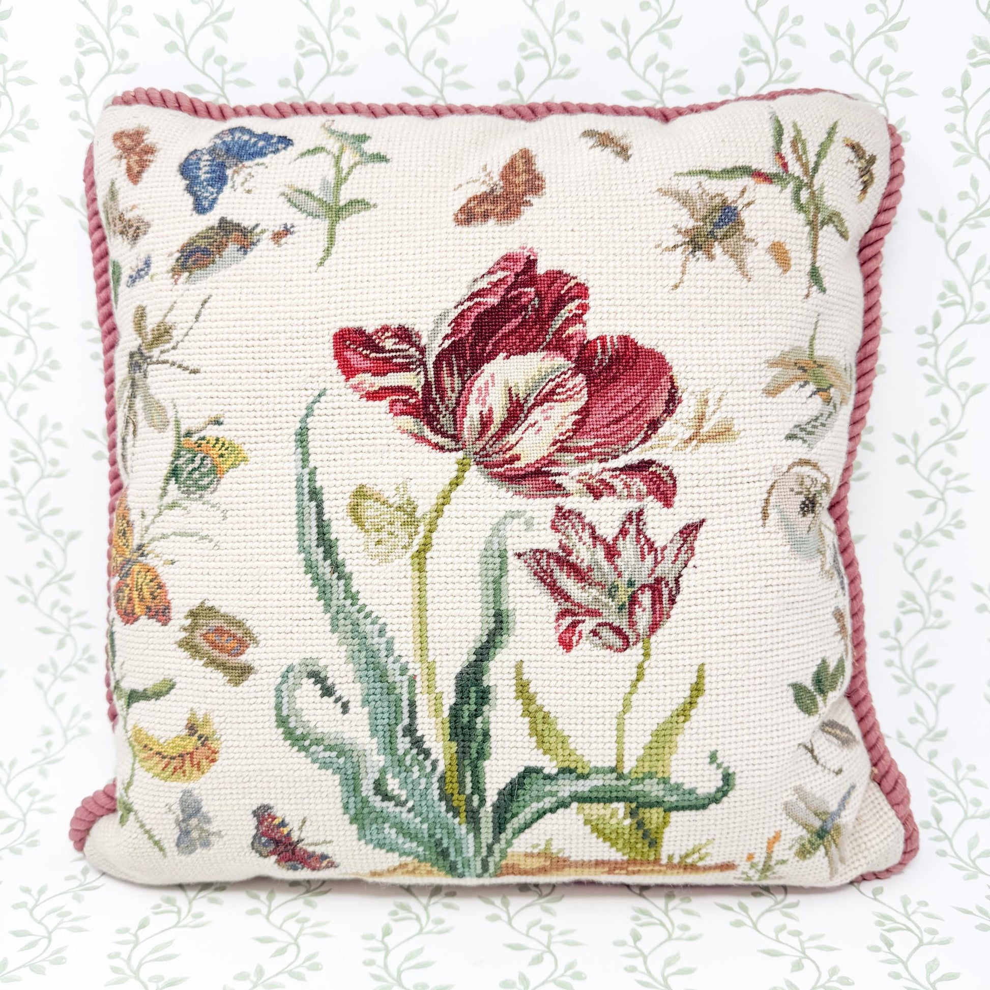 Vintage Needlepoint Pillow, Pink Tulips and Butterflies
