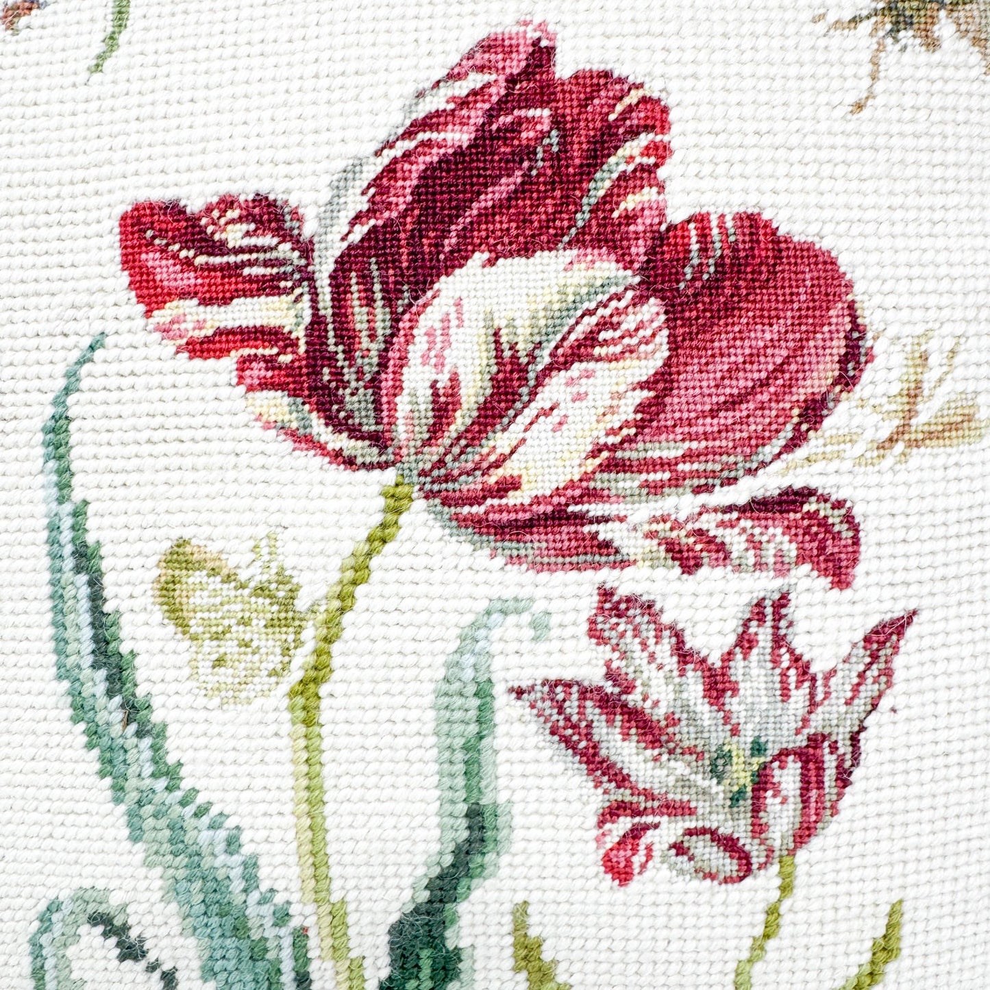 Vintage Needlepoint Pillow, Pink Tulips and Butterflies