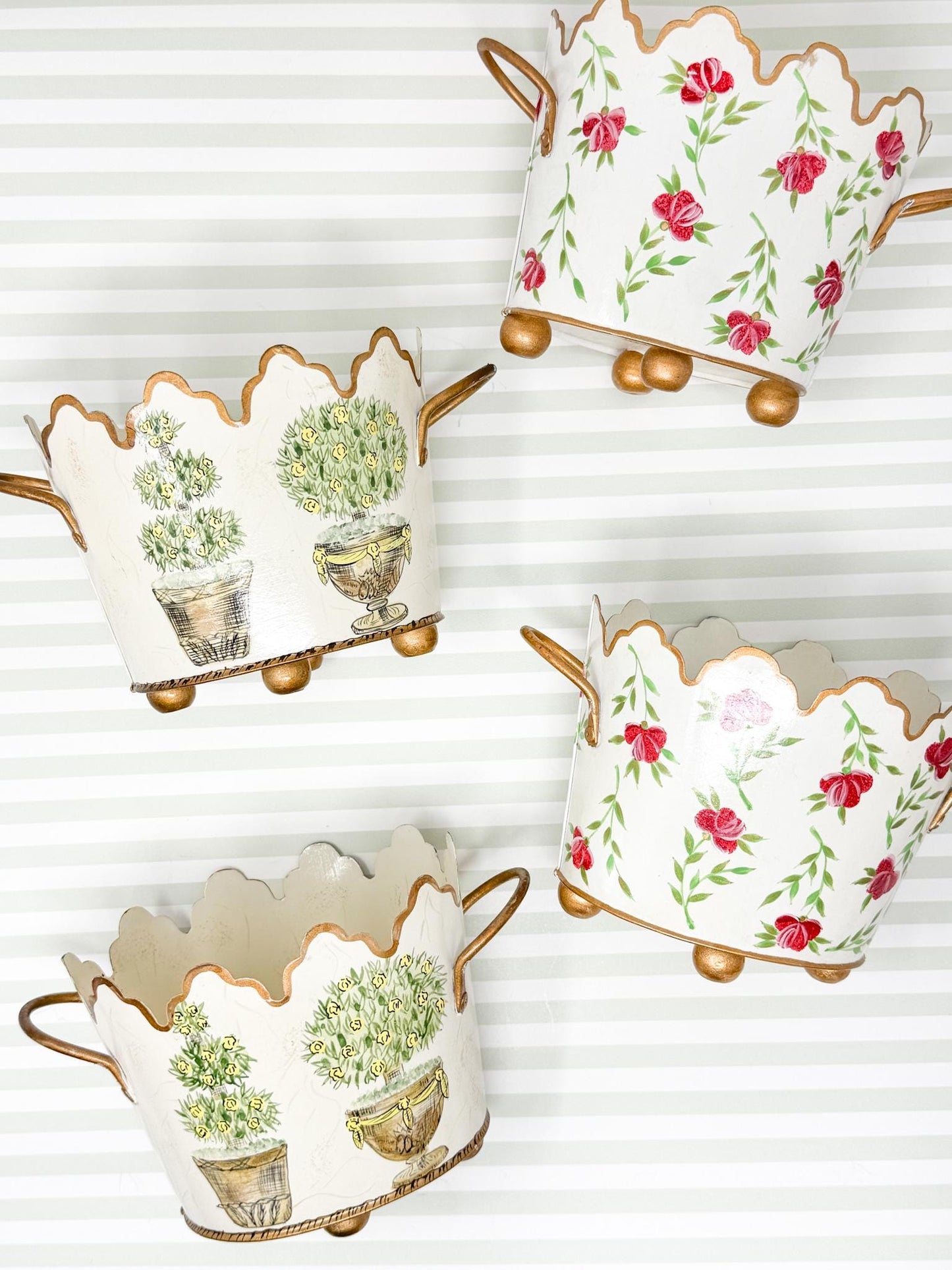 Vintage Painted Tole Floral Cachepot