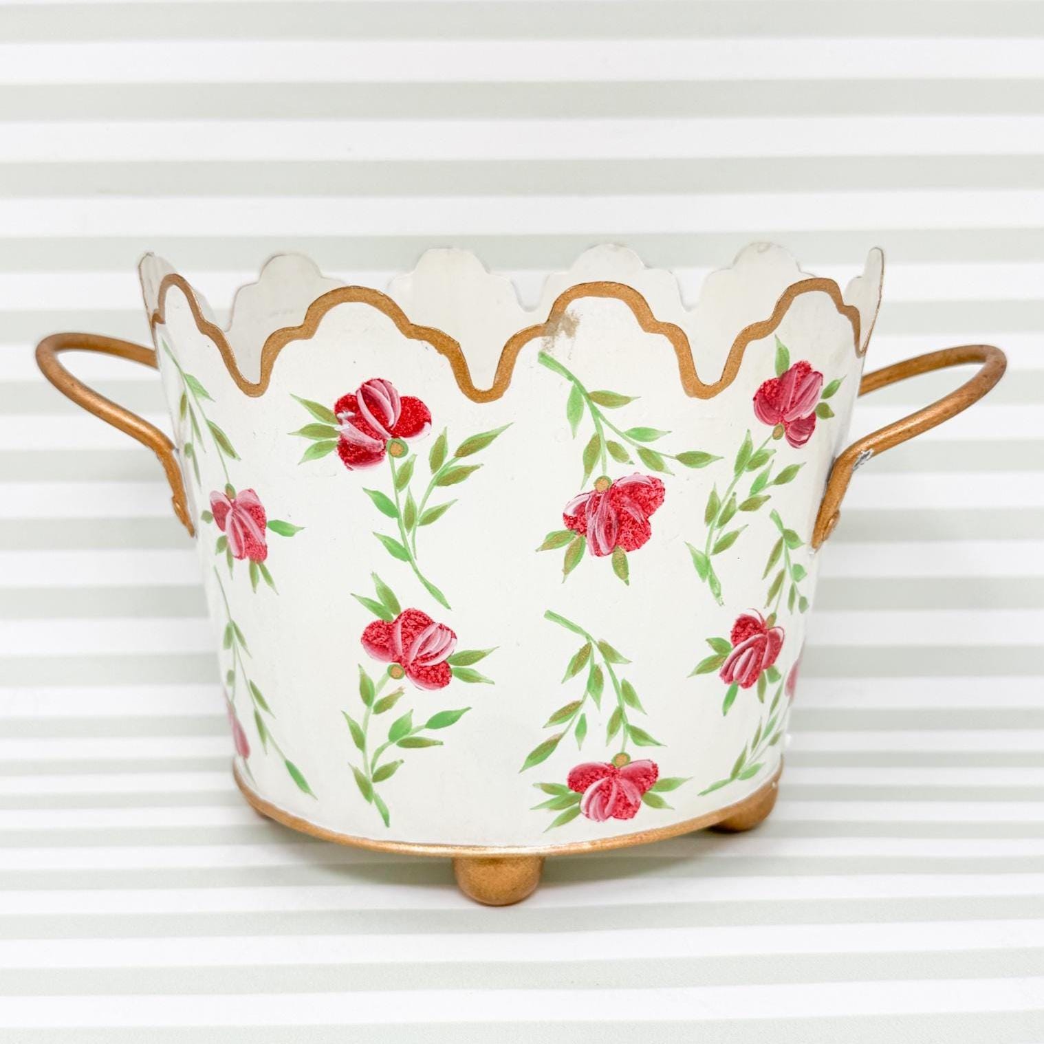 Vintage Painted Tole Floral Cachepot