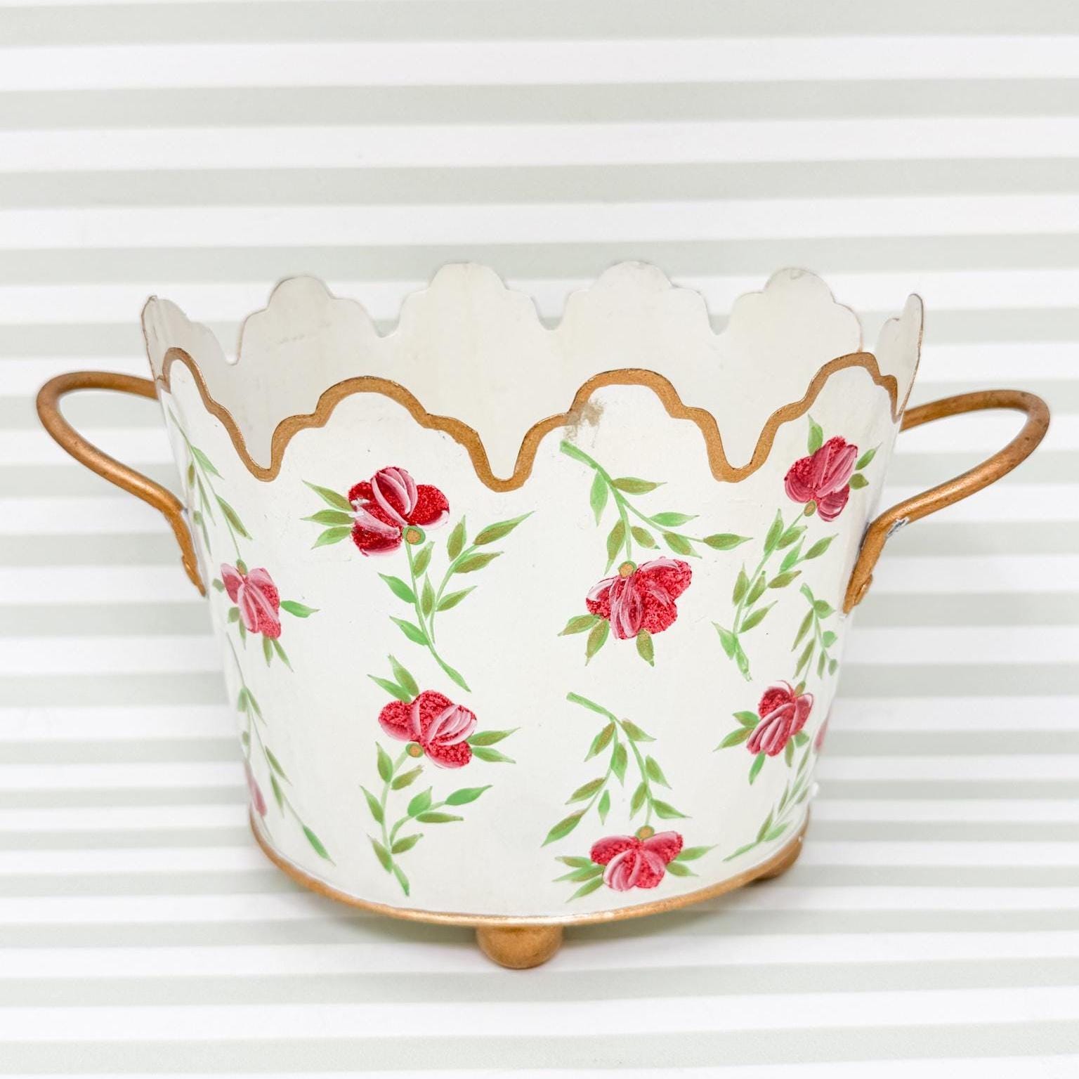 Vintage Painted Tole Floral Cachepot