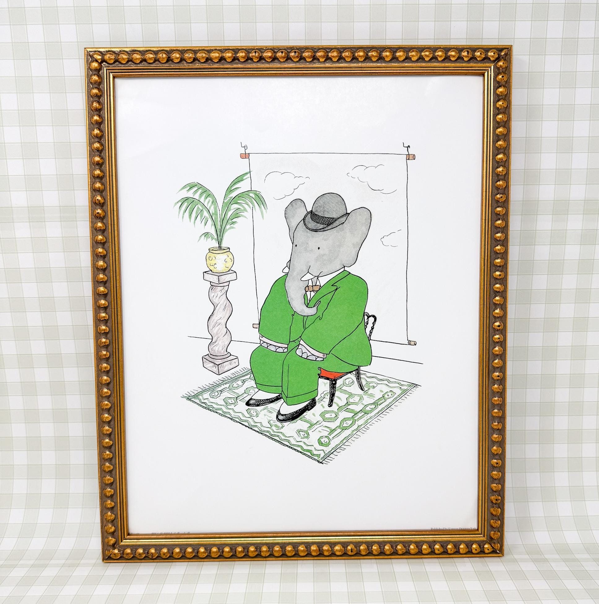 Vintage Framed Babar the Elephant Print, 11x14", Portrait Sitting