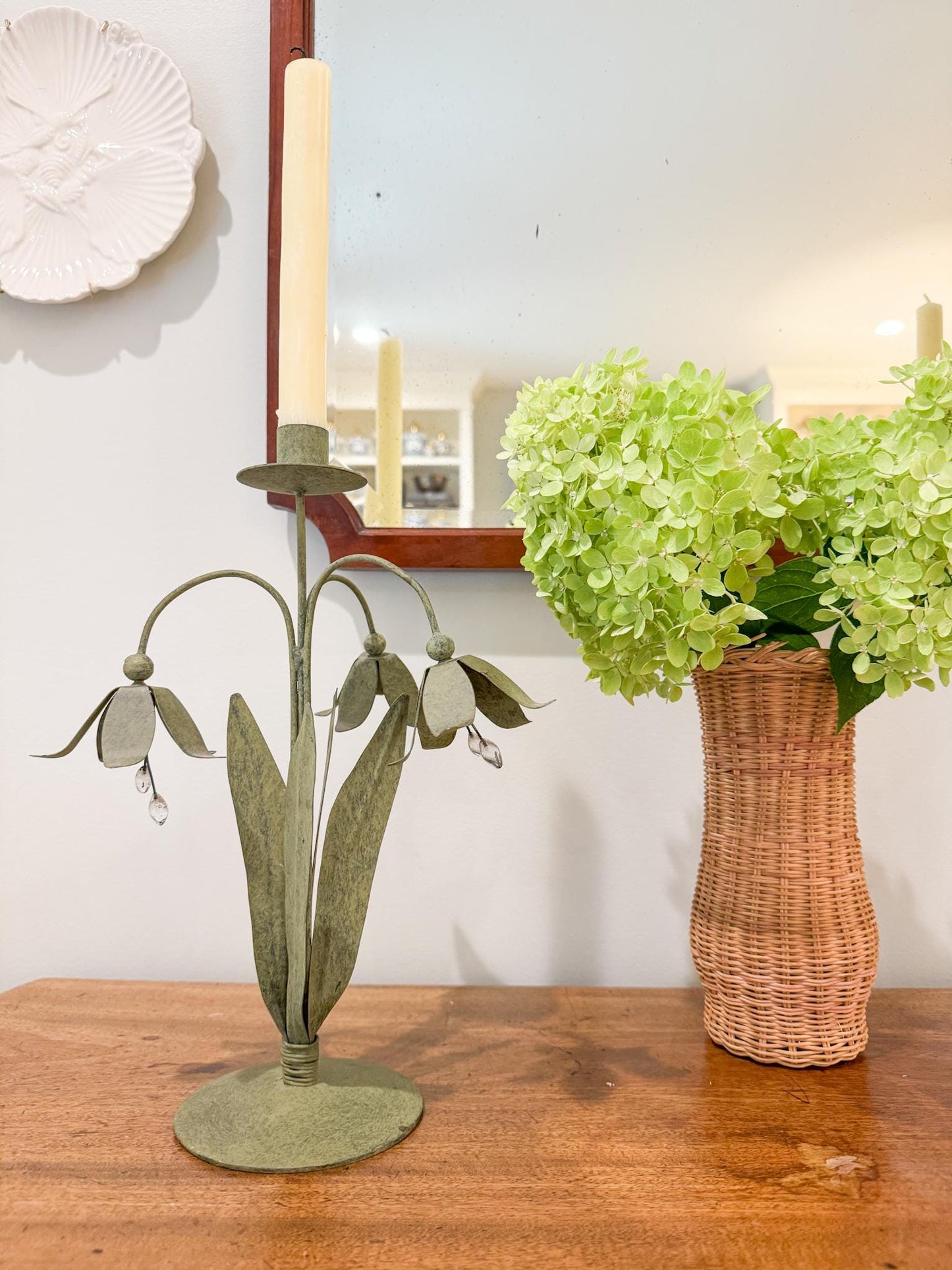 Pair of Vintage Green Tole Flower Candlestick Holders