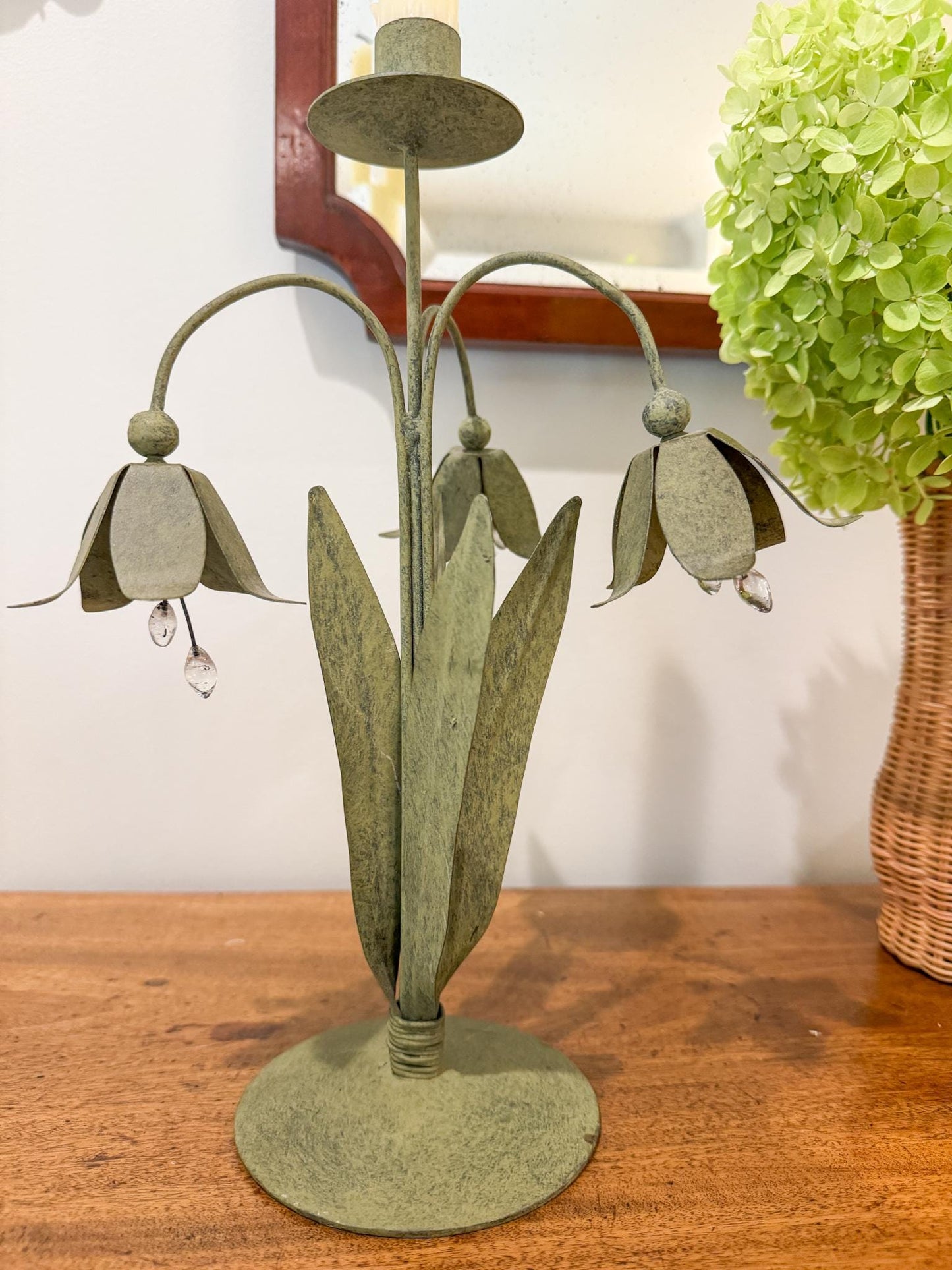 Pair of Vintage Green Tole Flower Candlestick Holders