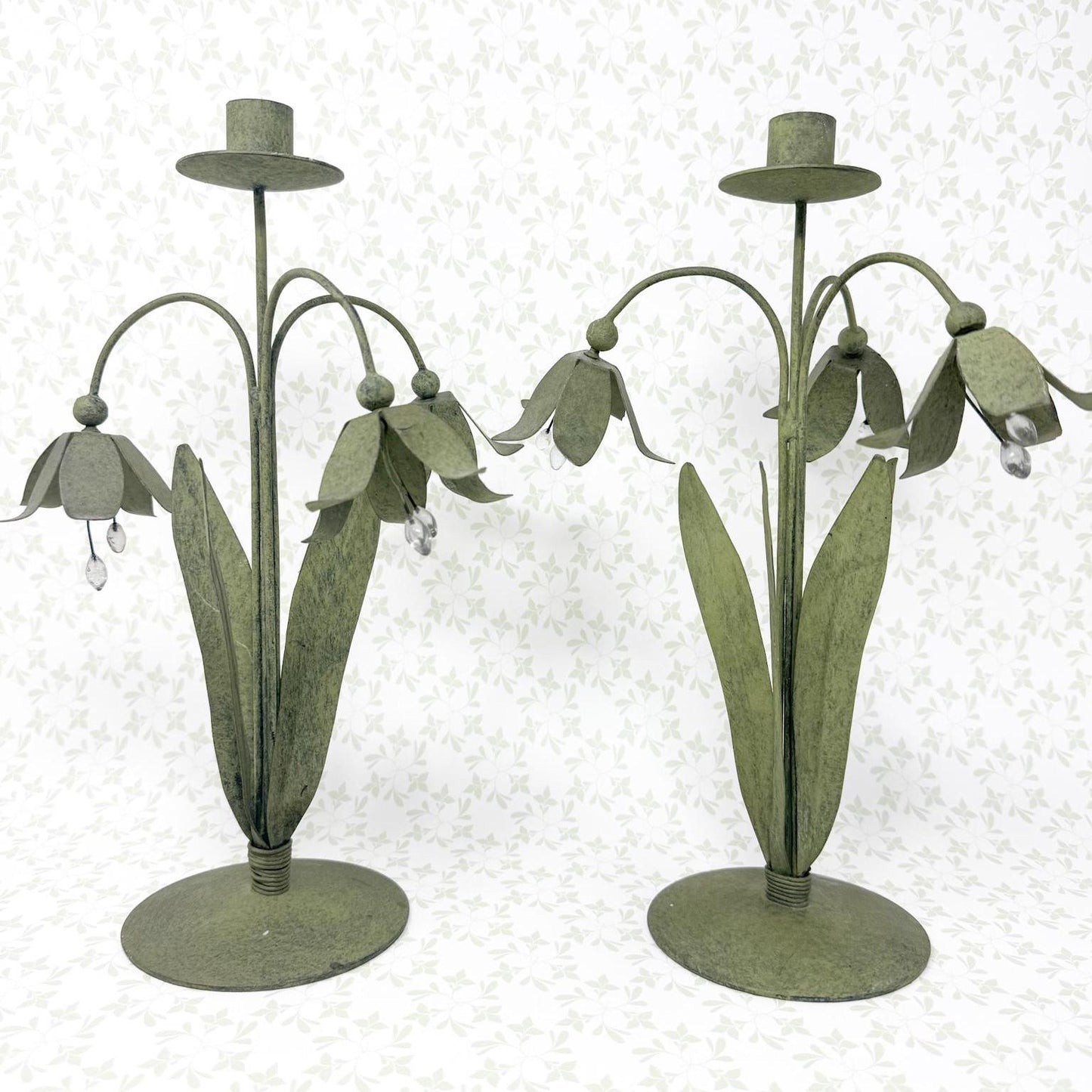 Pair of Vintage Green Tole Flower Candlestick Holders