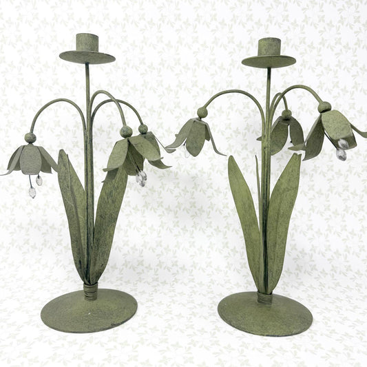 Pair of Vintage Green Tole Flower Candlestick Holders