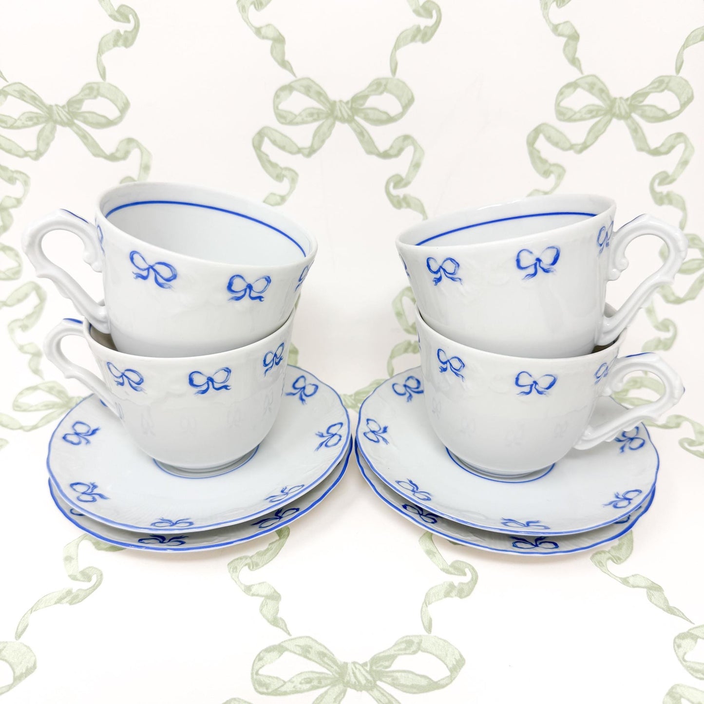 Vintage Vista Alegre Teacup and Saucers, Ruban Blue