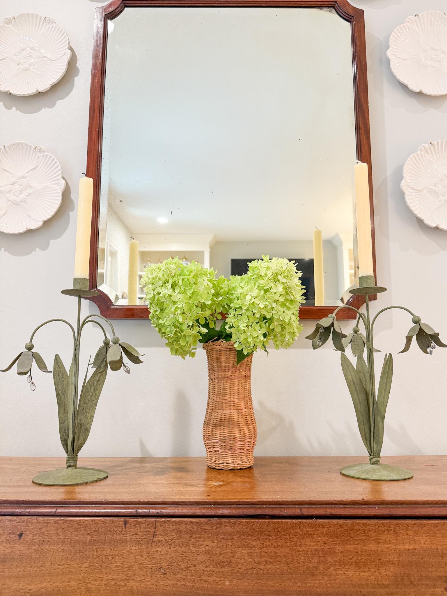 Pair of Vintage Green Tole Flower Candlestick Holders