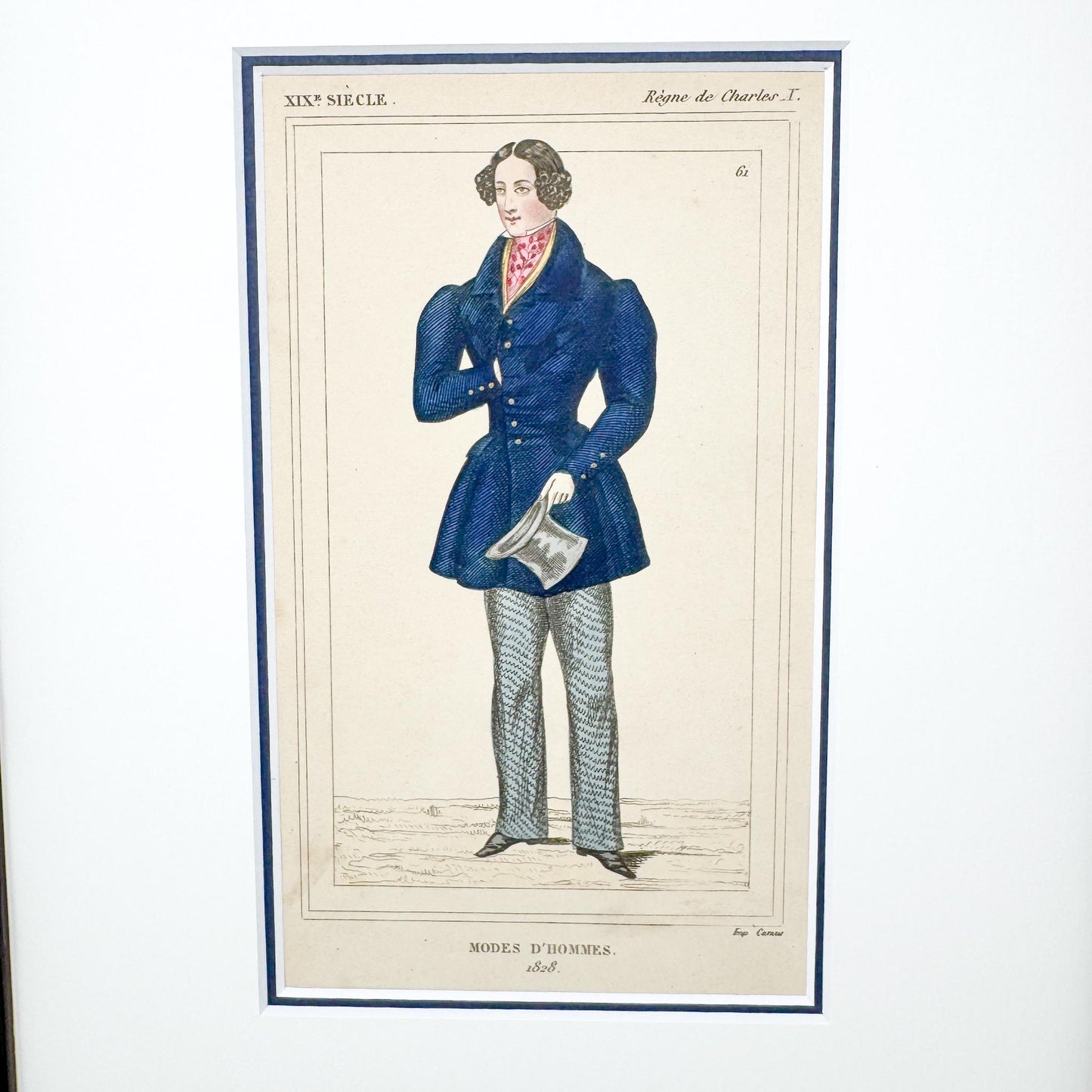 Framed Antique French Fashion Lithograph, Modes D'Hommes, 1828