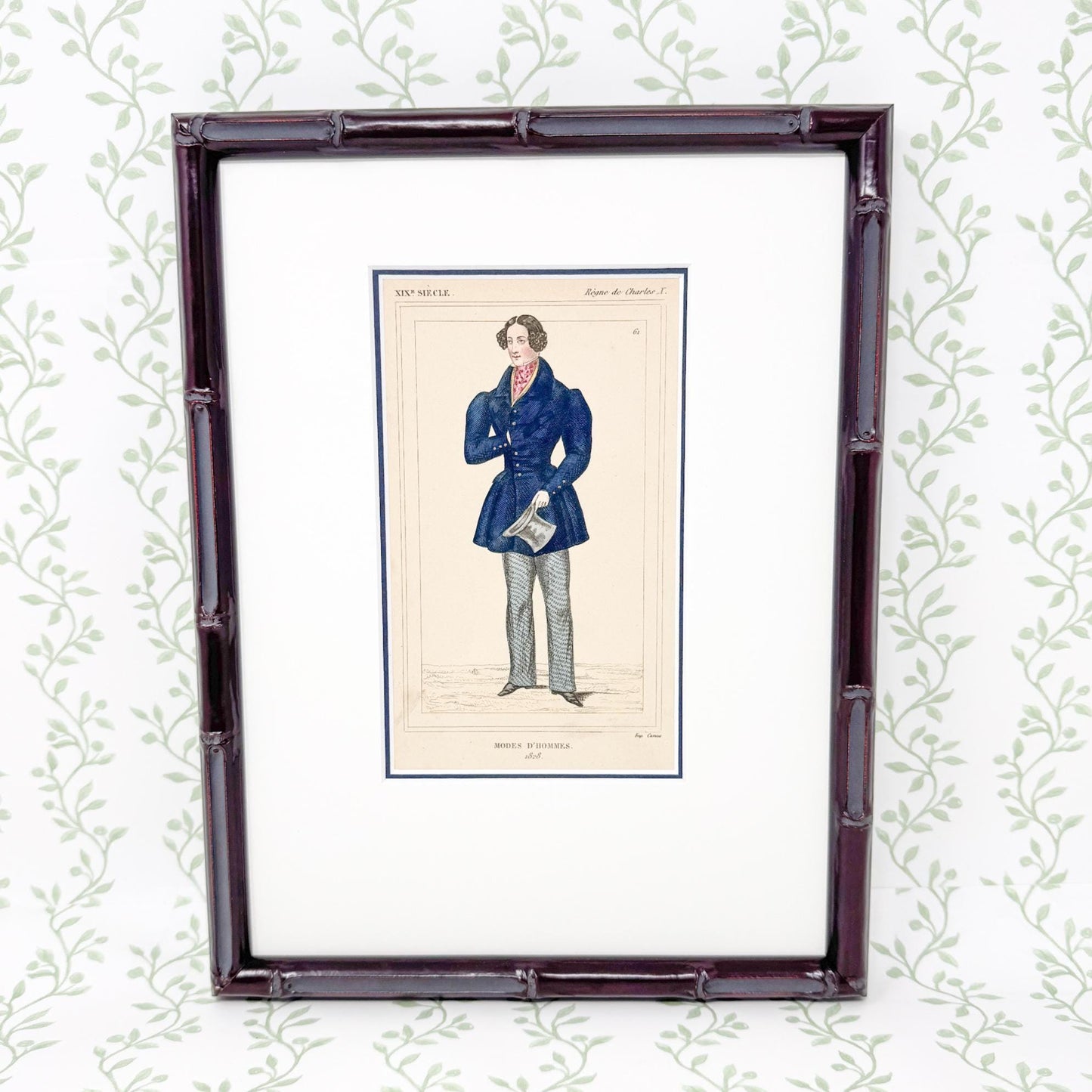 Framed Antique French Fashion Lithograph, Modes D'Hommes, 1828