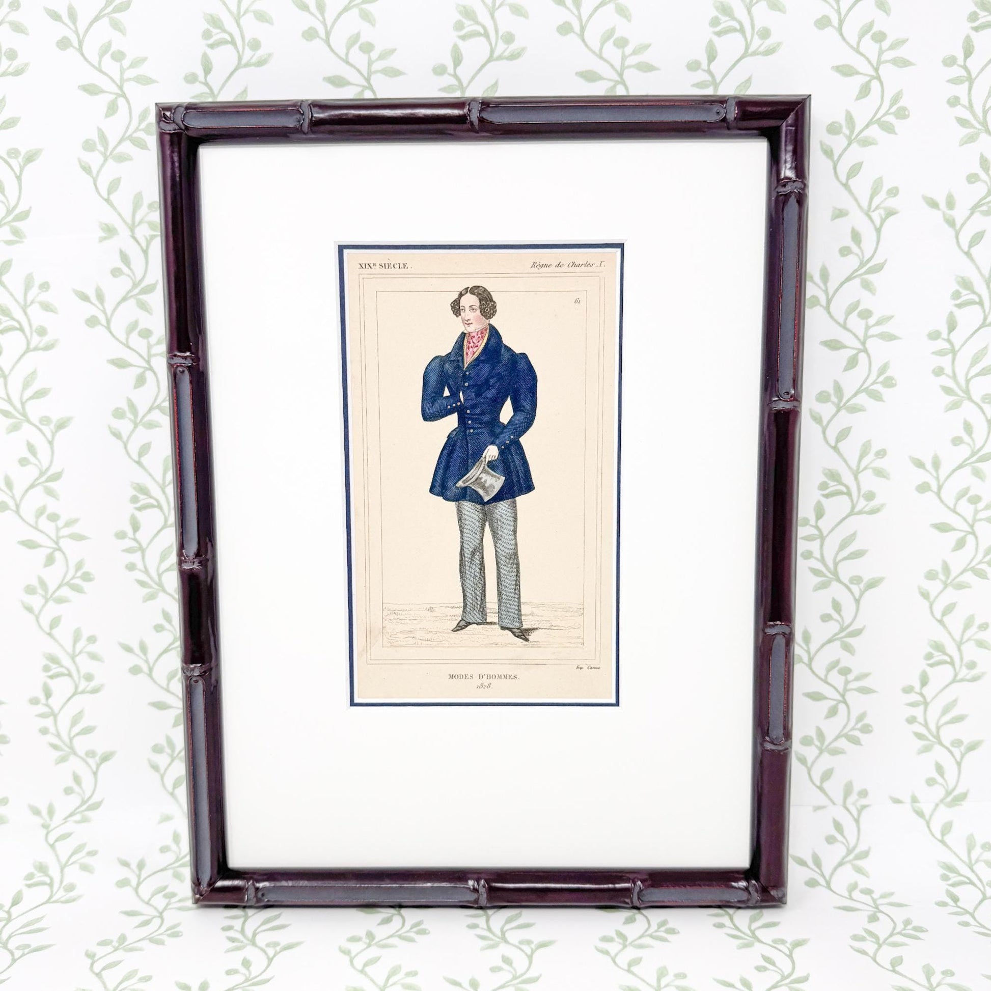 Framed Antique French Fashion Lithograph, Modes D'Hommes, 1828