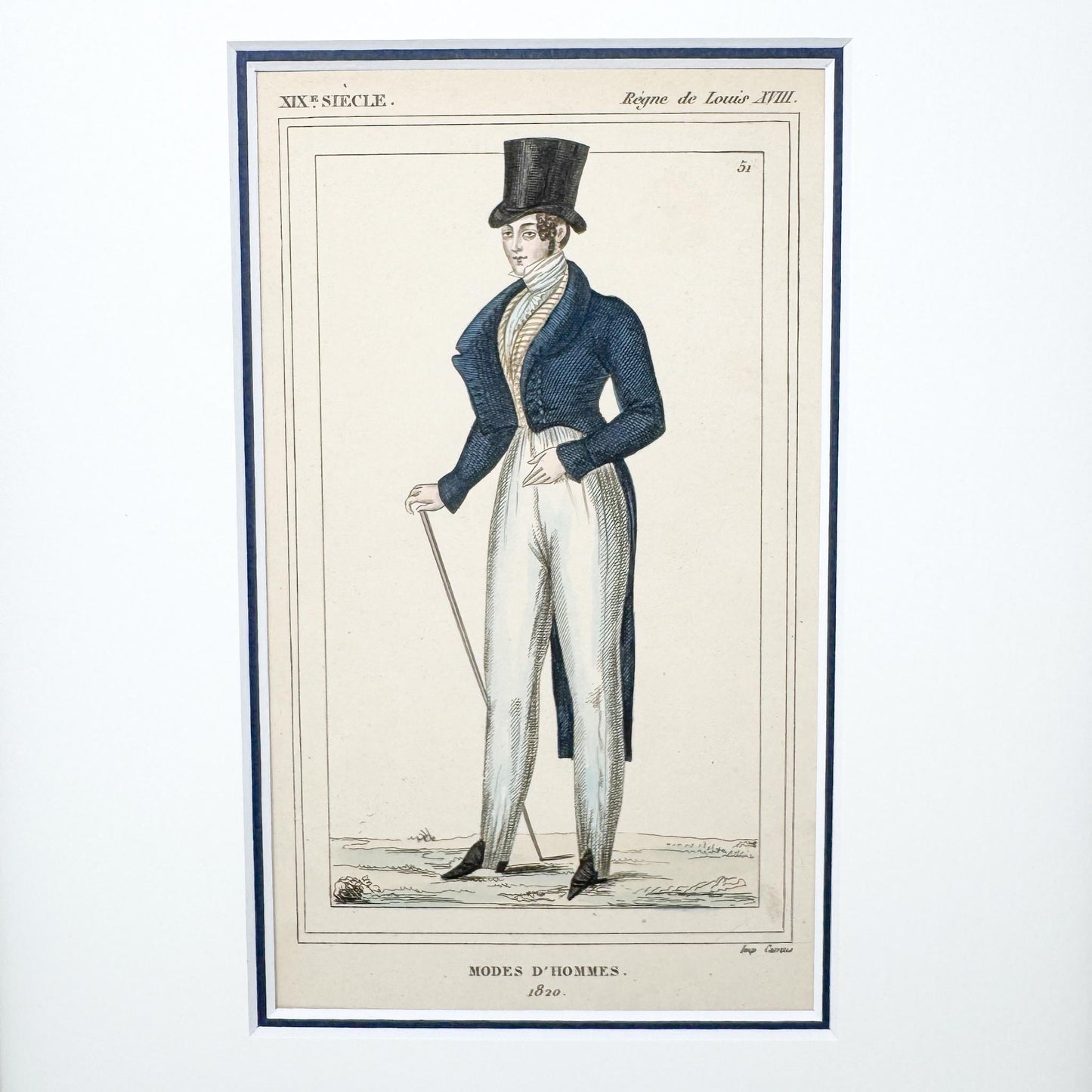 Framed Antique French Fashion Lithograph, Modes D'Hommes, 1820