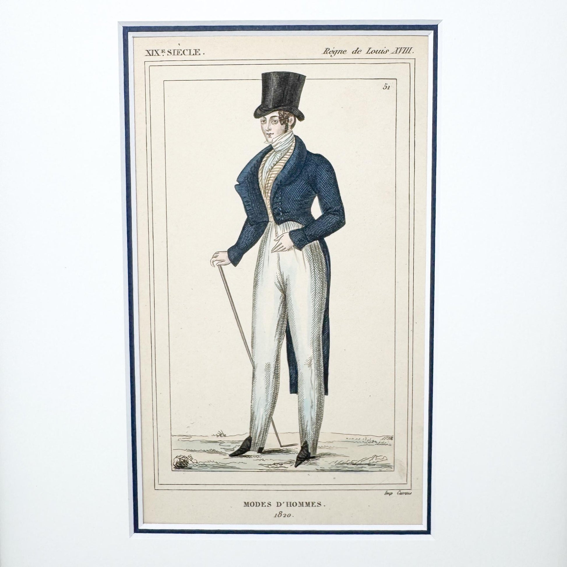 Framed Antique French Fashion Lithograph, Modes D'Hommes, 1820