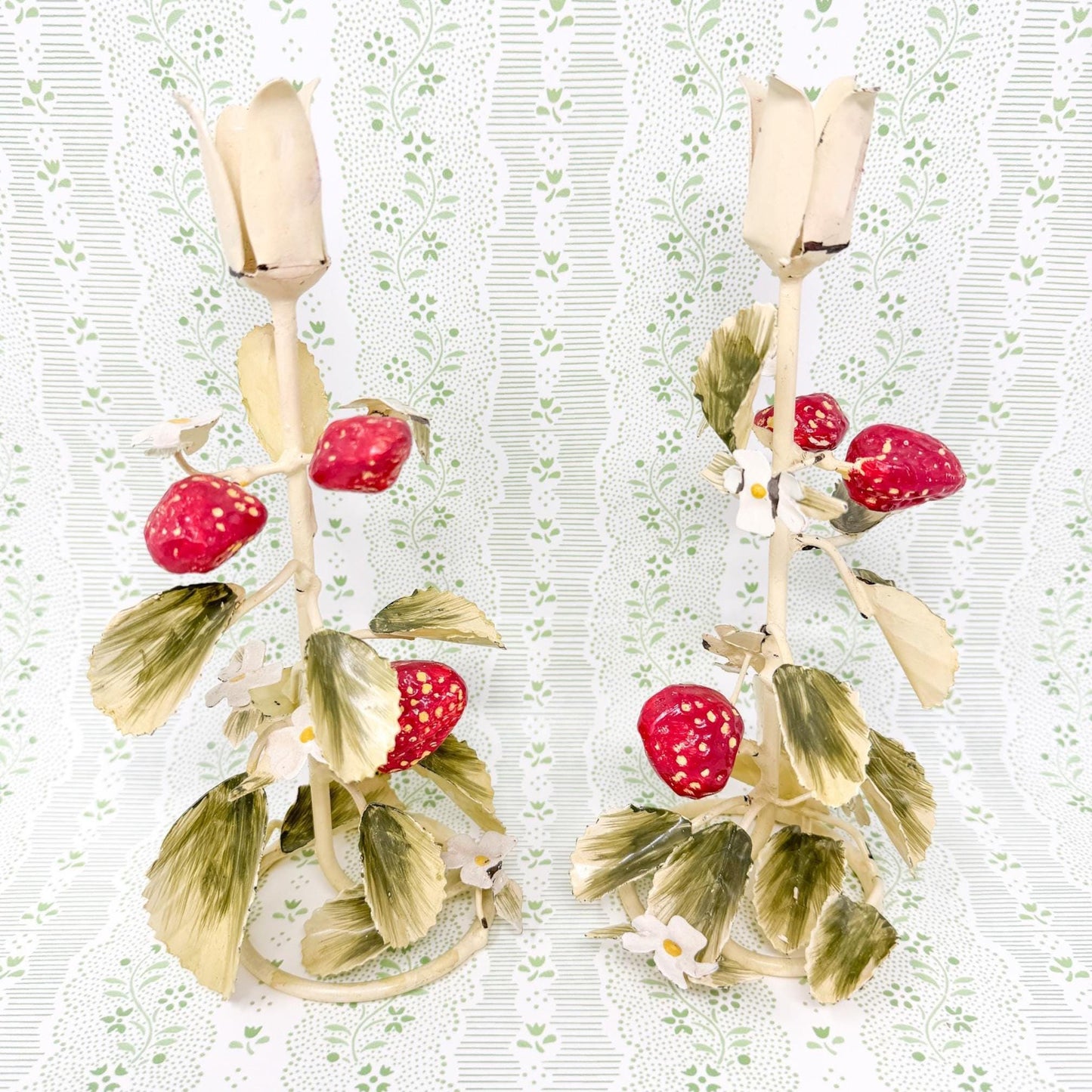 Pair of Vintage Chippy Tole Strawberry Candlestick Holders