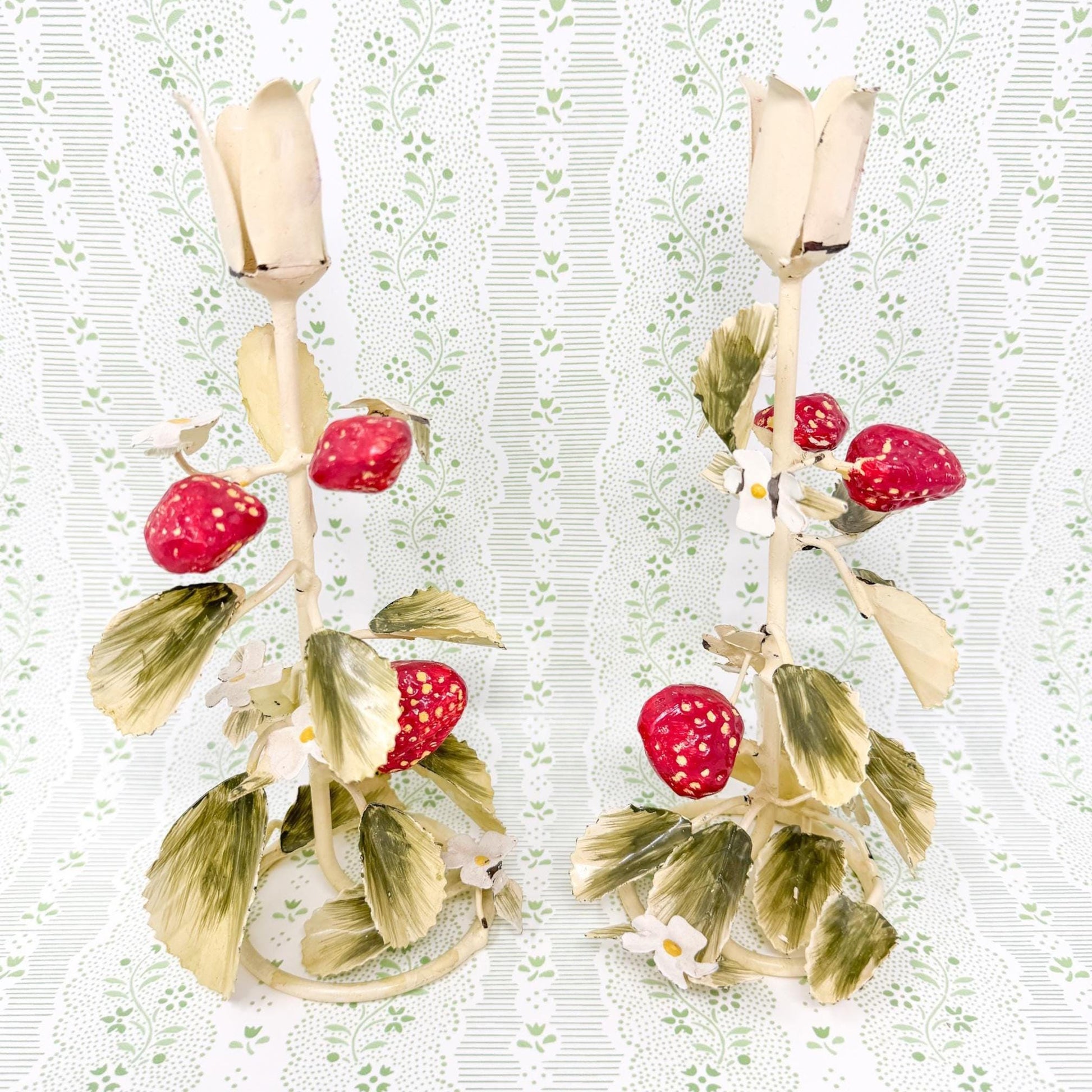 Pair of Vintage Chippy Tole Strawberry Candlestick Holders