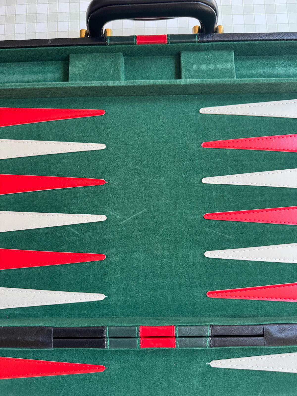 Vintage Backgammon Set, Black Leather Case with Red and Green Stripe