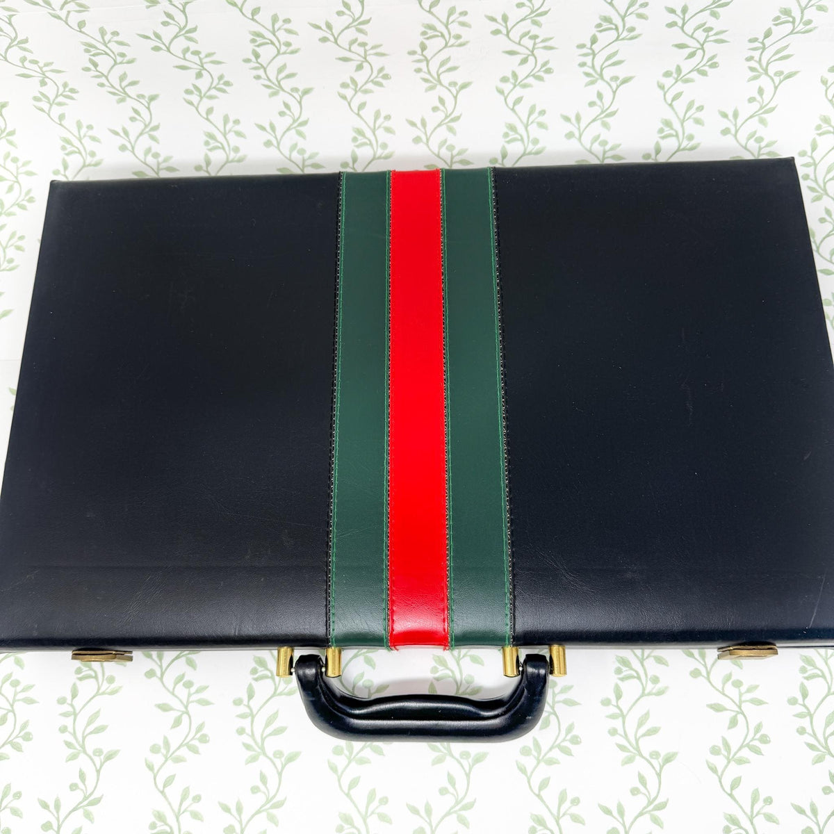 Vintage Backgammon Set, Black Leather Case with Red and Green Stripe