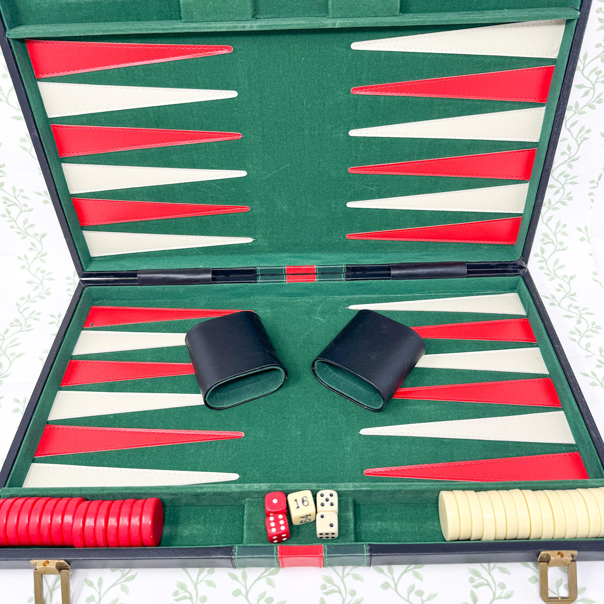 Vintage Backgammon Set, Black Leather Case with Red and Green Stripe