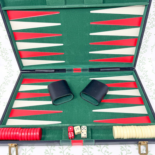 Vintage Backgammon Set, Black Leather Case with Red and Green Stripe