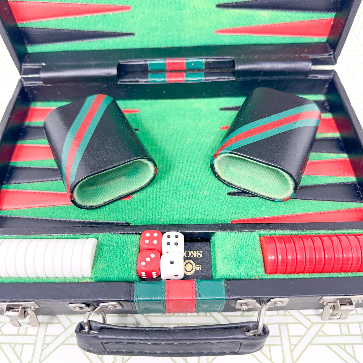 Vintage Travel Backgammon Set, Black Case with Red and Green Stripe