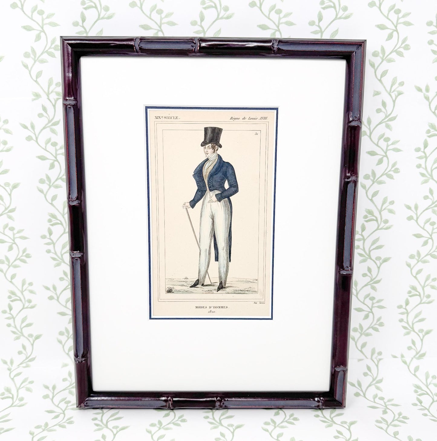 Framed Antique French Fashion Lithograph, Modes D'Hommes, 1820