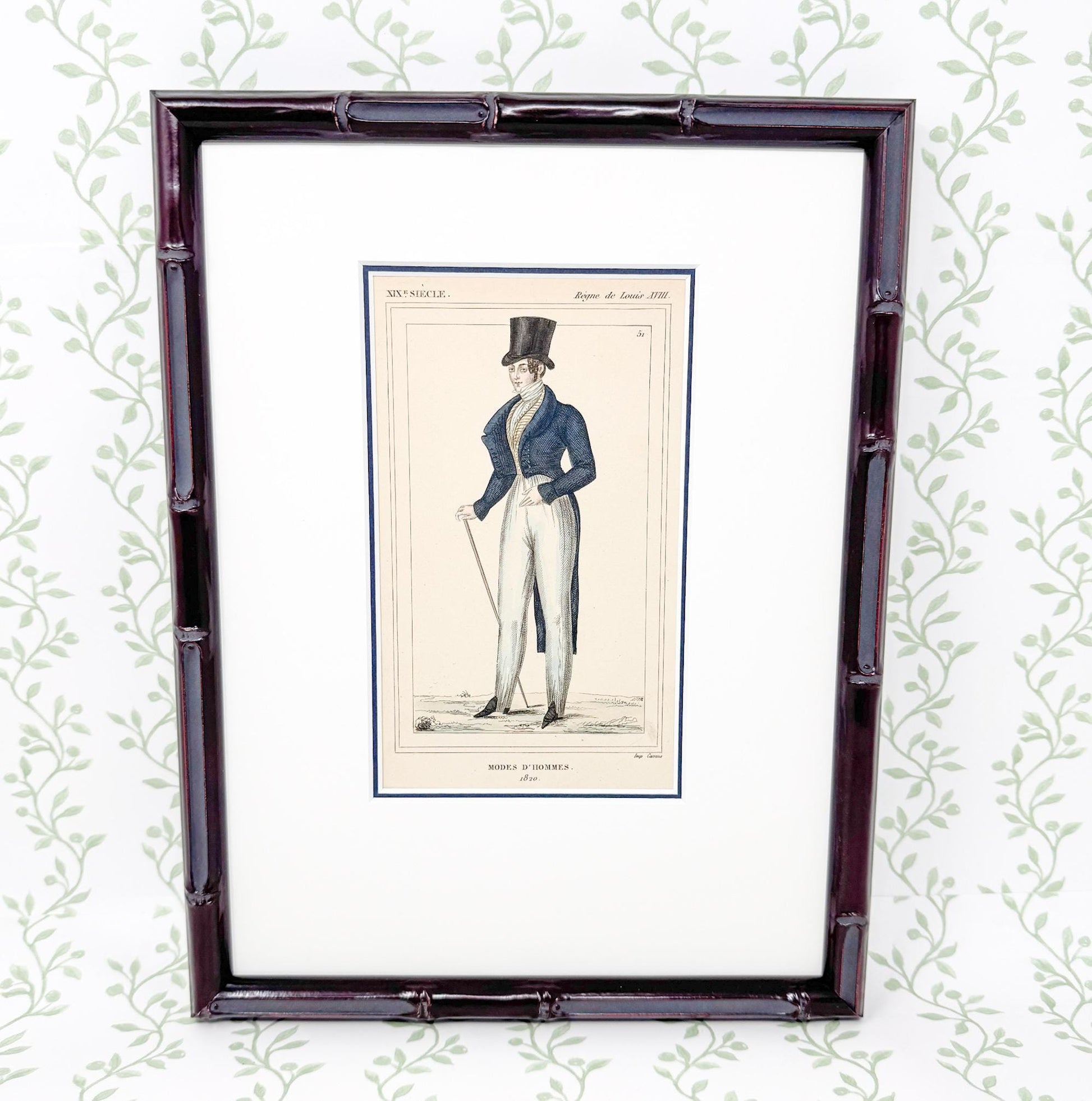 Framed Antique French Fashion Lithograph, Modes D'Hommes, 1820