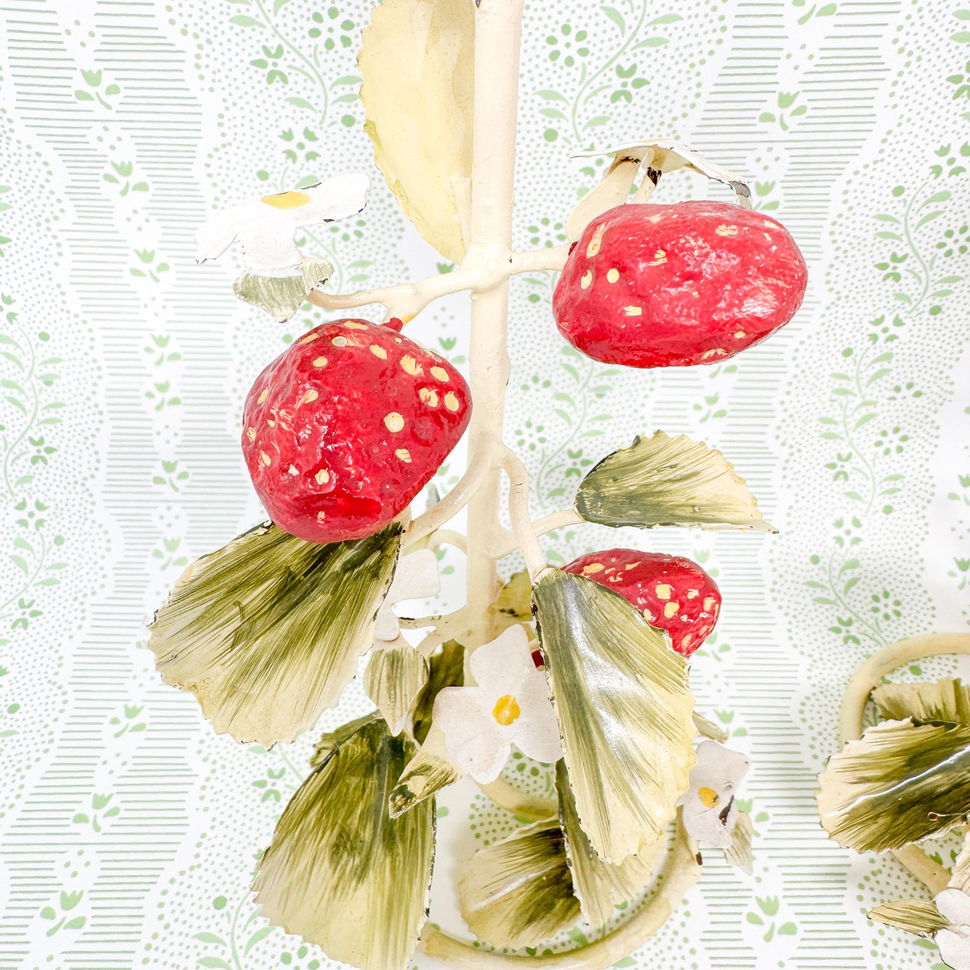 Pair of Vintage Chippy Tole Strawberry Candlestick Holders