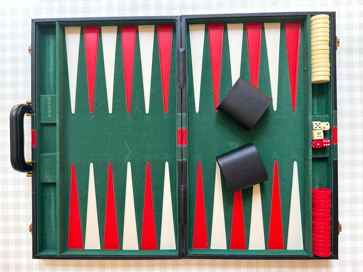 Vintage Backgammon Set, Black Leather Case with Red and Green Stripe
