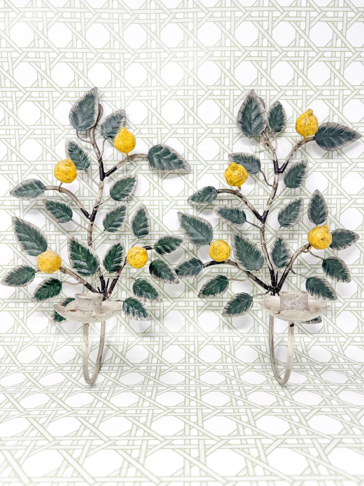 Vintage Italian Chippy Tole Candle Wall Sconces, Lemons