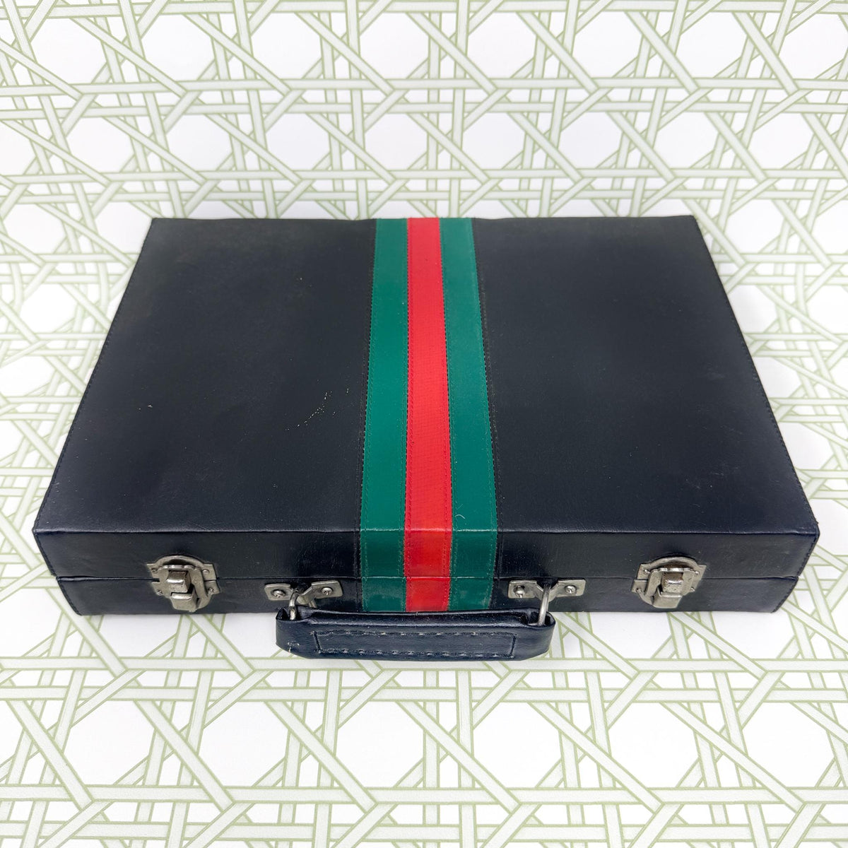 Vintage Travel Backgammon Set, Black Case with Red and Green Stripe