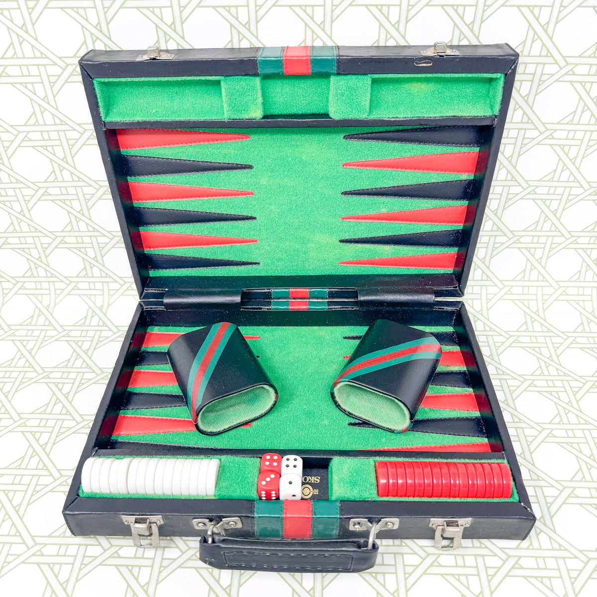 Vintage Travel Backgammon Set, Black Case with Red and Green Stripe