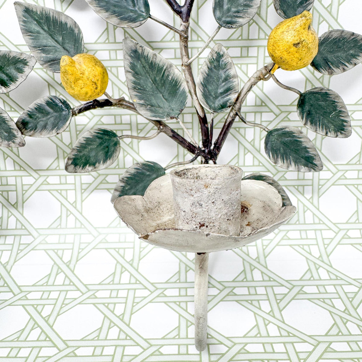 Vintage Italian Chippy Tole Candle Wall Sconces, Lemons