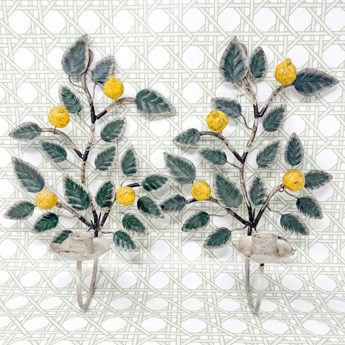 Vintage Italian Chippy Tole Candle Wall Sconces, Lemons